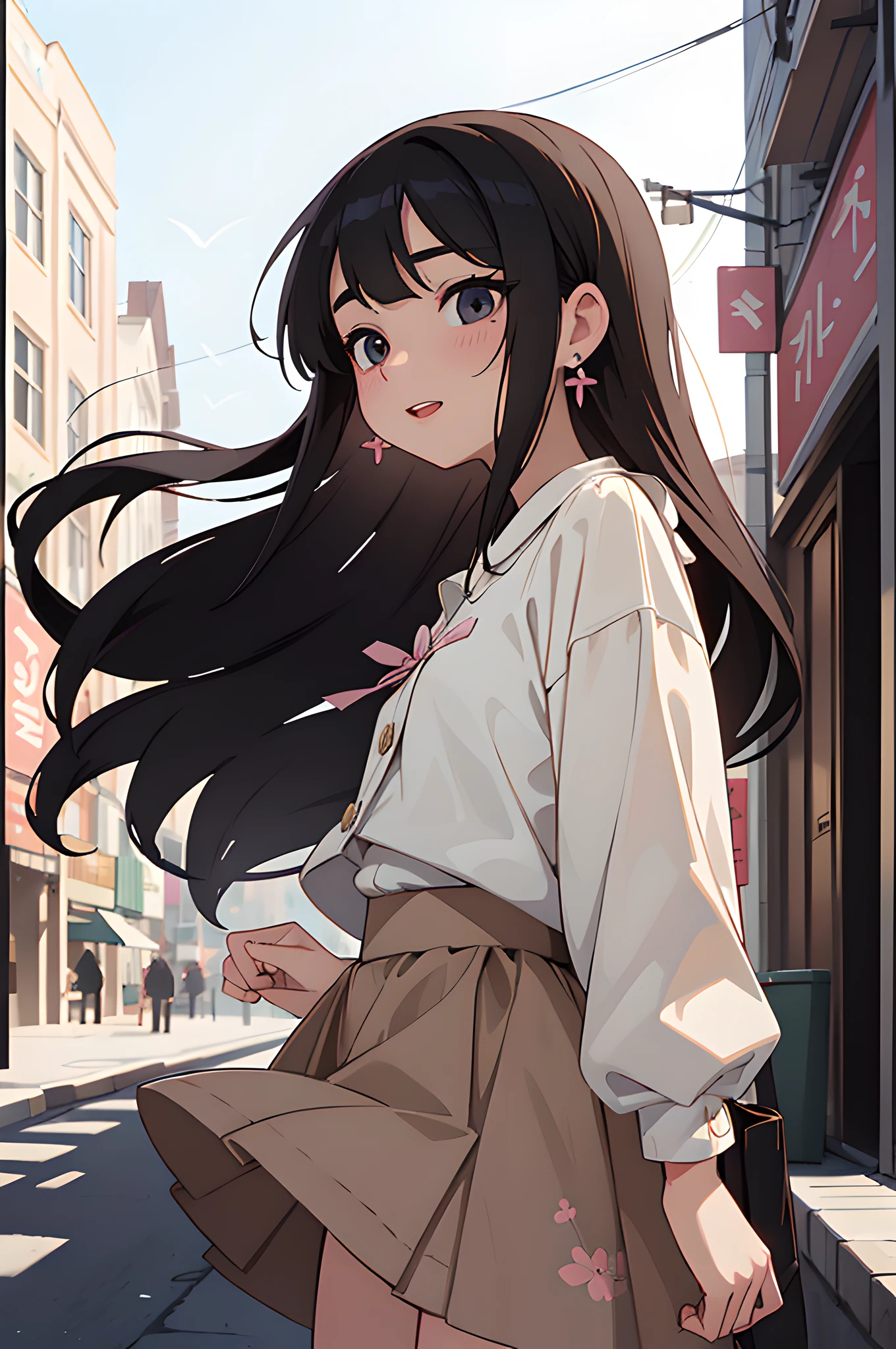 (masterpiece), (portrait), (aesthetic), (beautiful), (upper blody), (high quality), (aesthetic clothings), (professional angle), (rule of thirds), (Feminine), (woman), (female), (beautiful),(feminine features), (25 years), solo, 1 woman, (attractive South Korean), Spring, Soft light, (Standing), Natural Makeup, (Small bust), (()), (Front face), (Joyful expression), ((Playful Mood)), Earrings, ((Long hair)), (Black hair), (Straight hair), (Silky hair), Glossy shine hair, (Hairpin in hair), (Brown eyes), (Fresh look), (Fair skin), (Floral clothing), (Blouse), (Cardigan), (Skirt), Sweetheart neckline), ((City background)), (- in background), (Full Shot shot), beautiful hands, two hands, normal hands, two arms, complete hands, beautiful body, beautiful fingers, normal fingers, five fingers, five fingers, (Thumb index meddle ring little fingers), beautiful ears, normal ears, beautiful eyes, shiny eyes, beautiful mouth, beautiful lips,