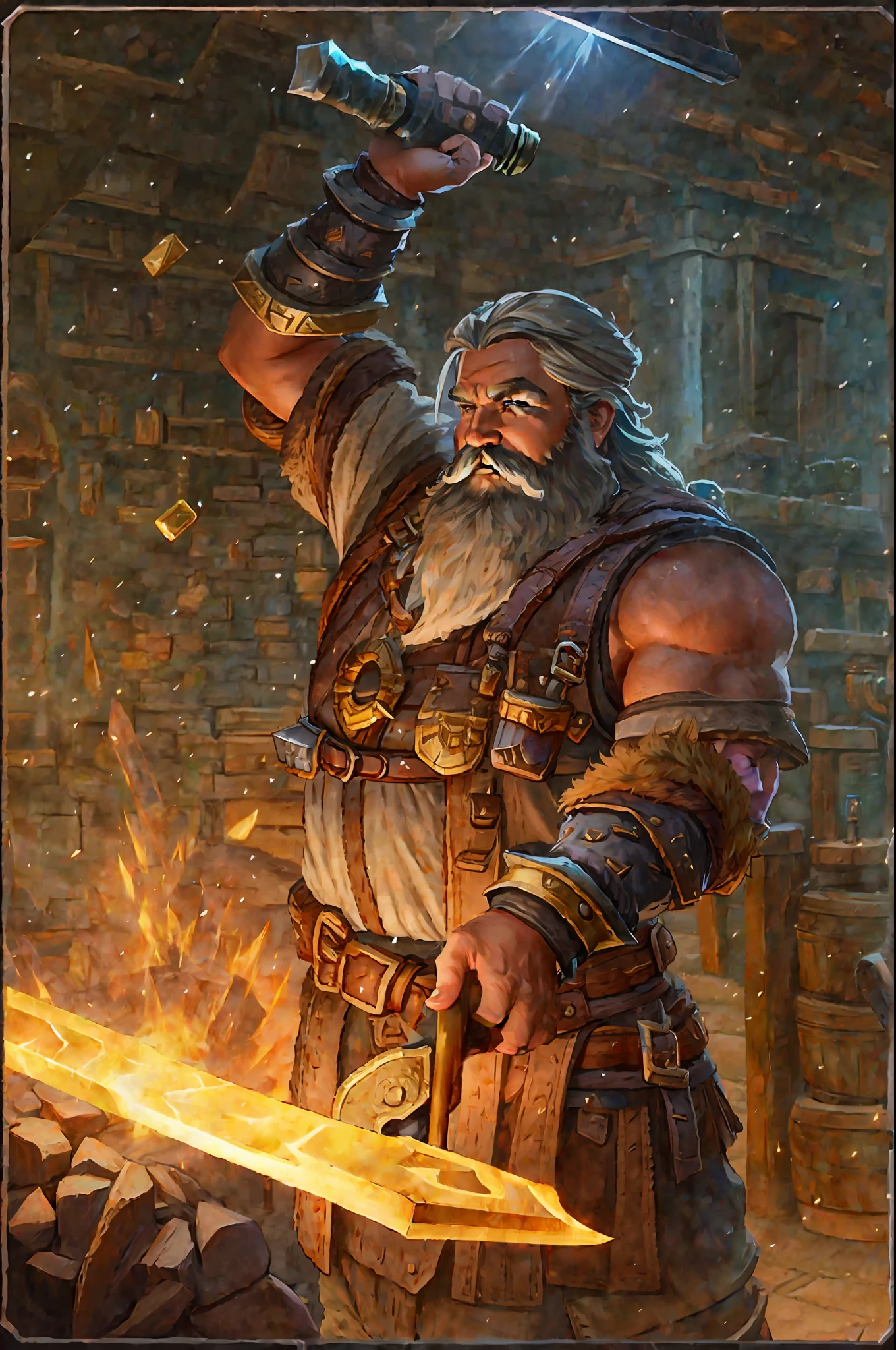 a man with a hammer in his hand is holding a hammer, blacksmith, the god of the forge, the blacksmith, hearthstone card art, female dwarven blacksmith, blacksmith's outfit, hearthstone card artwork, ancient blacksmith god, hearthstone concept art, forge, hearthstone art, hearthstone style art, smelters, painted portrait of rugged odin