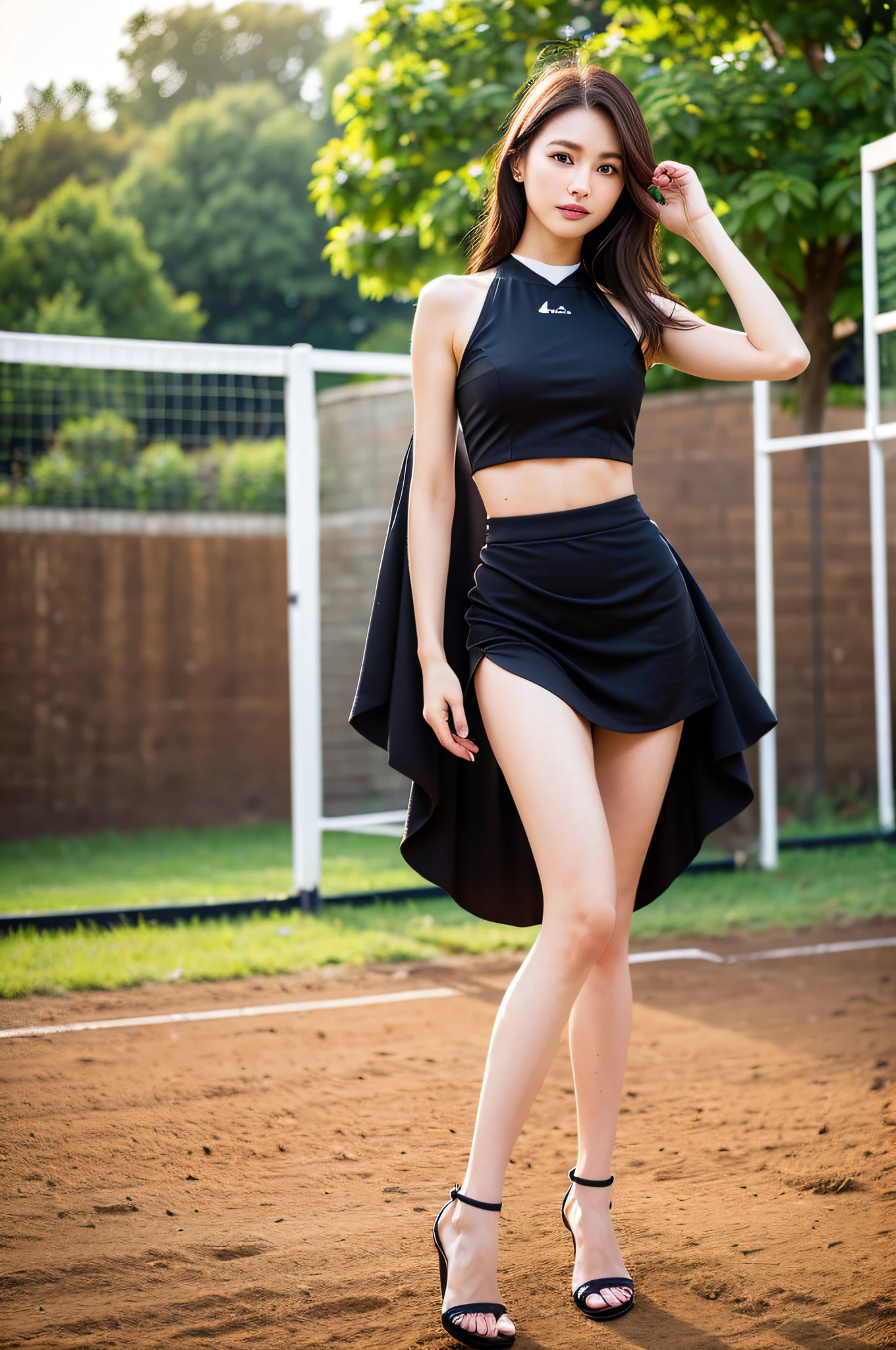 (Top Quality, Masterpiece: 1.2),Beautiful Legs: 0.3, High Heels, Outdoor, 25 Year Old Women in the Arena: 2, Same Character, Different Costumes, Different Angles, Backlight: 1.5, Rich Skin Details: 1.5, Rotating Bokeh, (((Best Quality, 8k, Masterpiece: 1.3)), Sharp Focus: 1.2, Beautiful Women with Perfect Style: 1.4, Slender Abs: 1.2, (( Dark brown hair, big: 1.2)), (natural light, playing field: 1.1), highly detailed face and skin texture, detailed eyes, double eyelids, black hair, soft middle hair, colorful volleyball costume, flared skirt, full body, small face, sexy