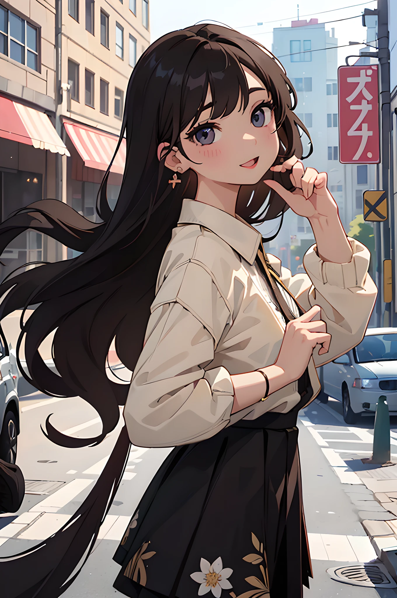 (masterpiece), (portrait), (aesthetic), (beautiful), (upper blody), (high quality), (aesthetic clothings), (professional angle), (rule of thirds), (Feminine), (woman), (female), (beautiful),(feminine features), (25 years), solo, 1 woman, (attractive South Korean), Spring, Soft light, (Standing), Natural Makeup, (Small bust), (()), (Front face), (Joyful expression), ((Playful Mood)), Earrings, ((Long hair)), (Black hair), (Straight hair), (Silky hair), Glossy shine hair, (Hairpin in hair), (Brown eyes), (Fresh look), (Fair skin), (Floral clothing), (Blouse), (Cardigan), (Skirt), Sweetheart neckline), ((City background)), (- in background), (Full Shot shot), beautiful hands, two hands, normal hands, two arms, complete hands, beautiful body, beautiful fingers, normal fingers, five fingers, five fingers, (Thumb index meddle ring little fingers), beautiful ears, normal ears, beautiful eyes, shiny eyes, beautiful mouth, beautiful lips,