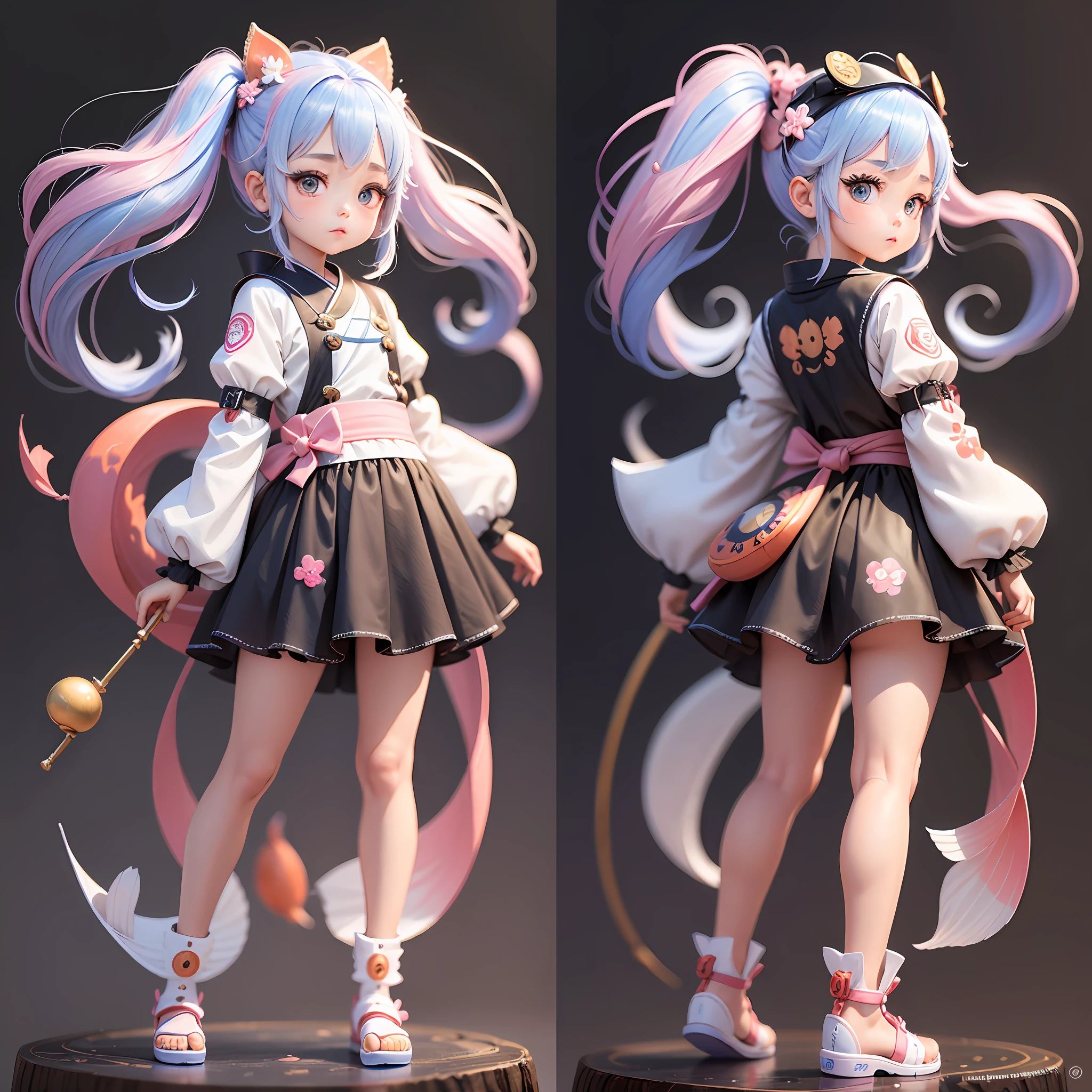 A cute little girl with a koi on her head, naturally standing frontally, full body, generates three views, namely front view, side view and rear view, super cute girl IP of bubble mart, character close-up, blind box toy, 3D, OC rendering, highest quality, super high quality, clean background, huge details full HD painting, niji 5 --auto --s2