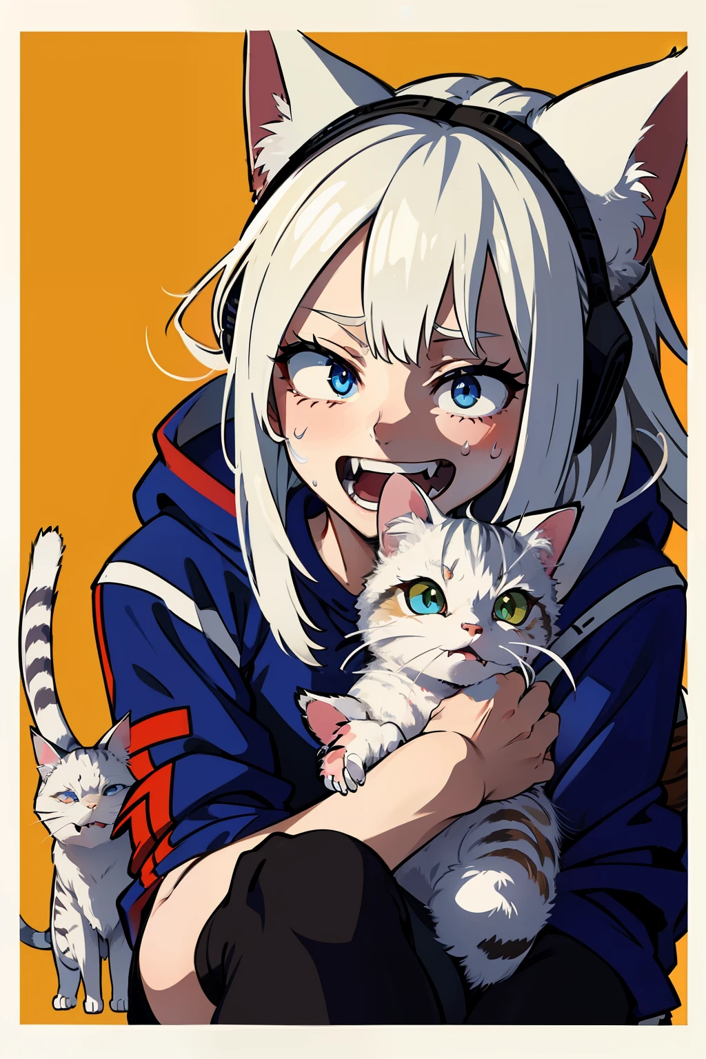 1 girl, white hair, shoulder long hair, tyrkise eyes, detailed eyes, cat ears, cat, assassin clothes, sporty, sweating, wiping sweat, open mouth, smiling, smiling