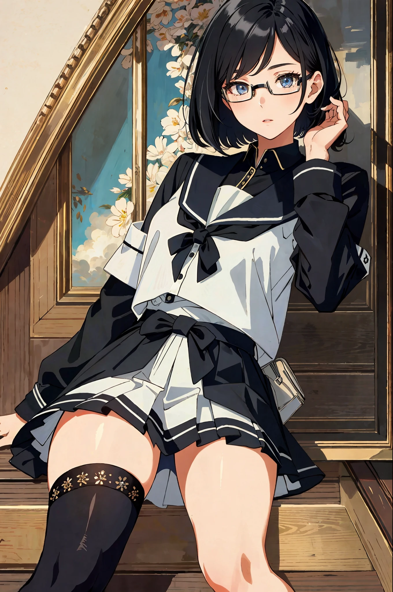 (best quality) (masterpiece), (highly detailed), original, extremely detailed artwork, solo, {beautiful detailed eyes}, 1girl, full body, black hair, straight hair, short hair, glasses, sailor uniform, absolute territory,