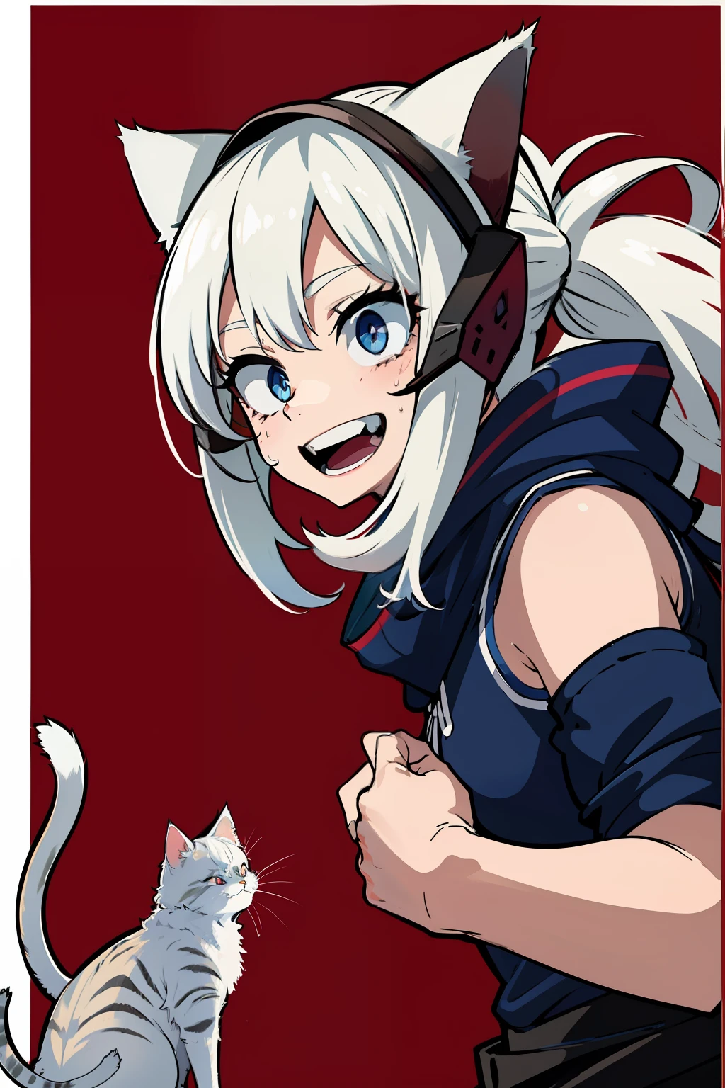1 girl, white hair, shoulder long hair, tyrkise eyes, detailed eyes, cat ears, cat, assassin clothes, sporty, sweating, wiping sweat, open mouth, smiling, smiling