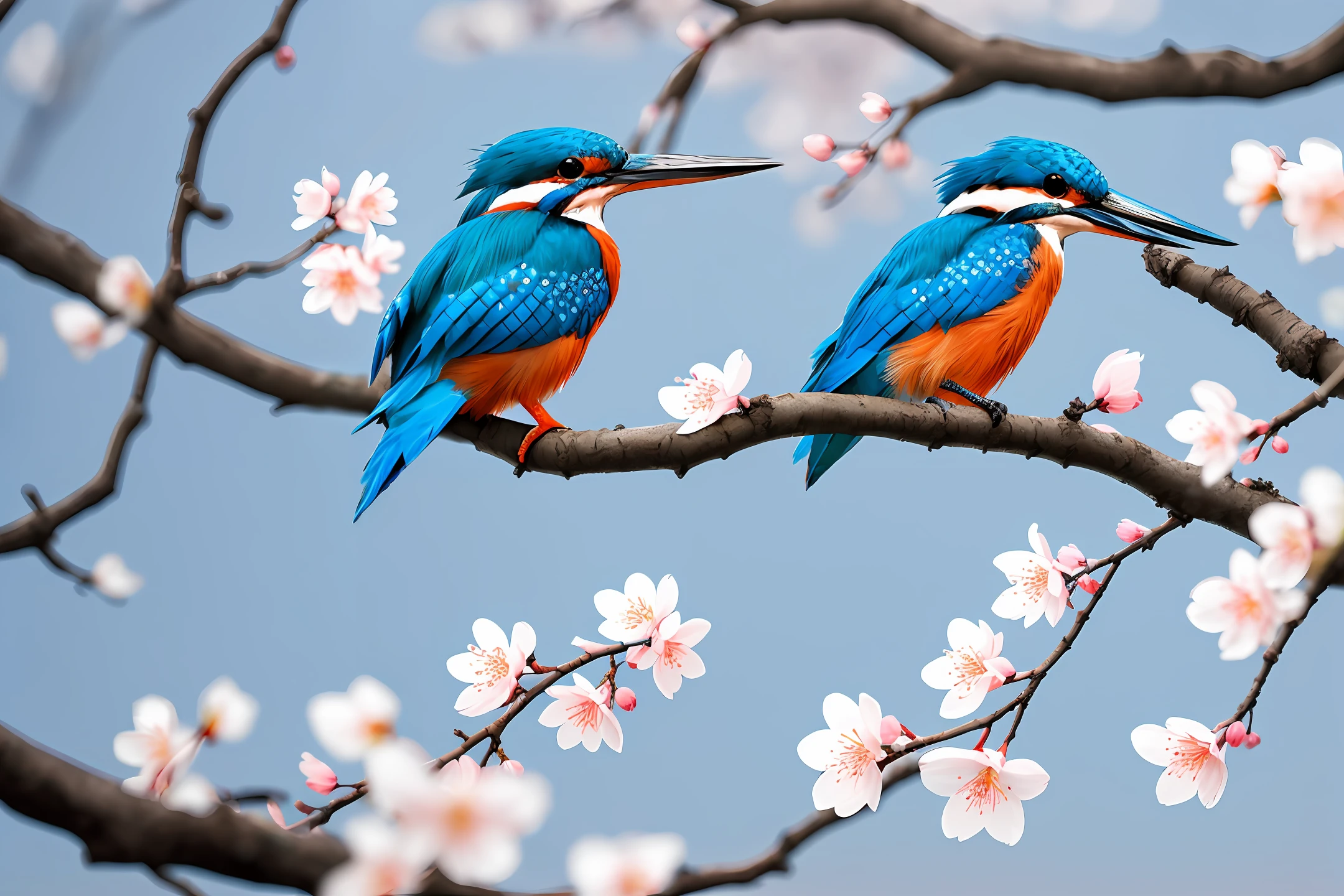 The best kingfisher approaches the budding white cherry blossoms on the branches, dark, dawn