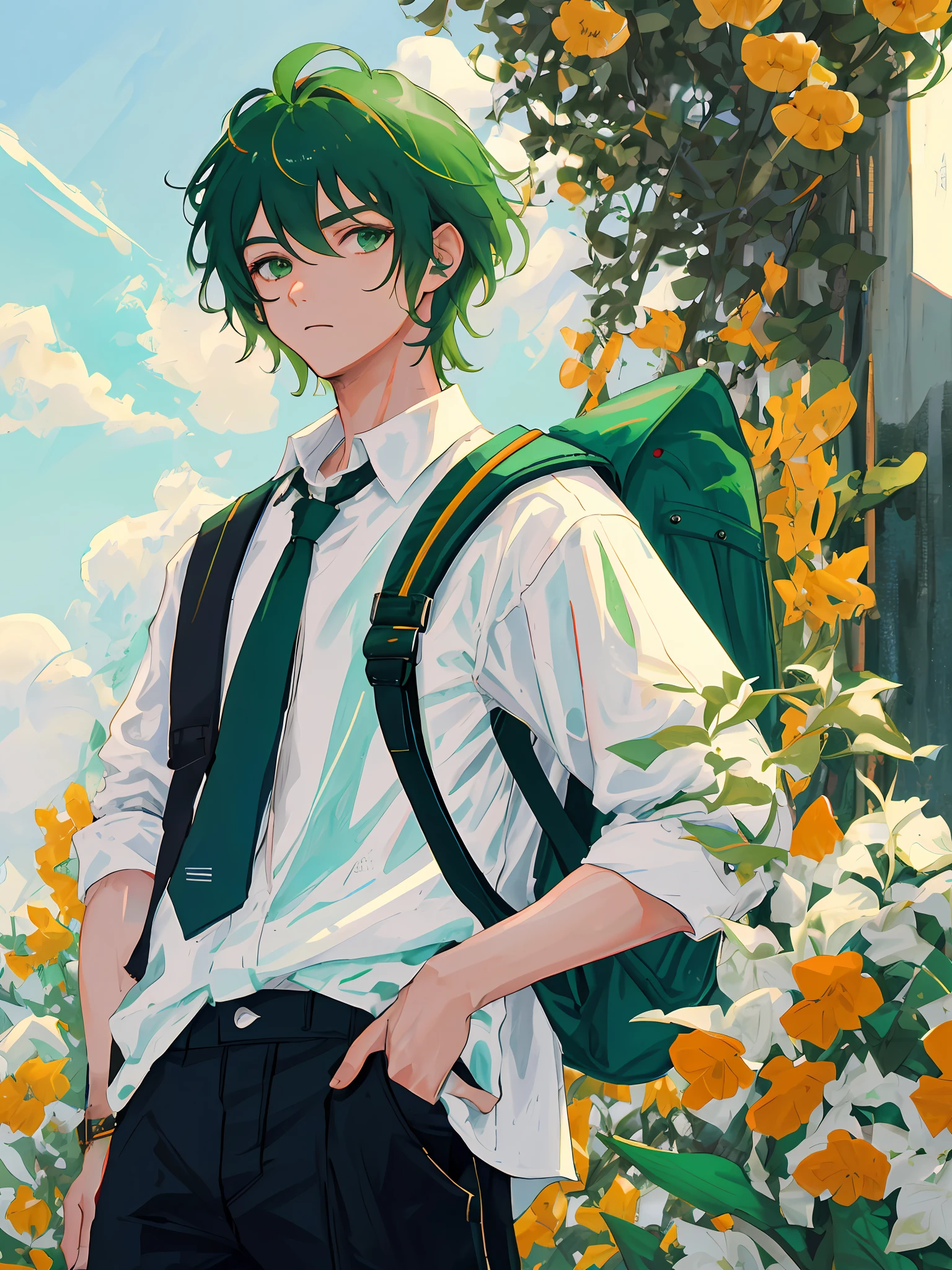 1. Image quality: Best image quality, super detailed
2. Subject: portrait, boy, green hair, wearing a white shirt and black pants, backpack
3. Picture details: no detailed description
Prompt content: Best quality, ultra-detailed portrait, age boy with green hair, wearing white shirt and black pants.