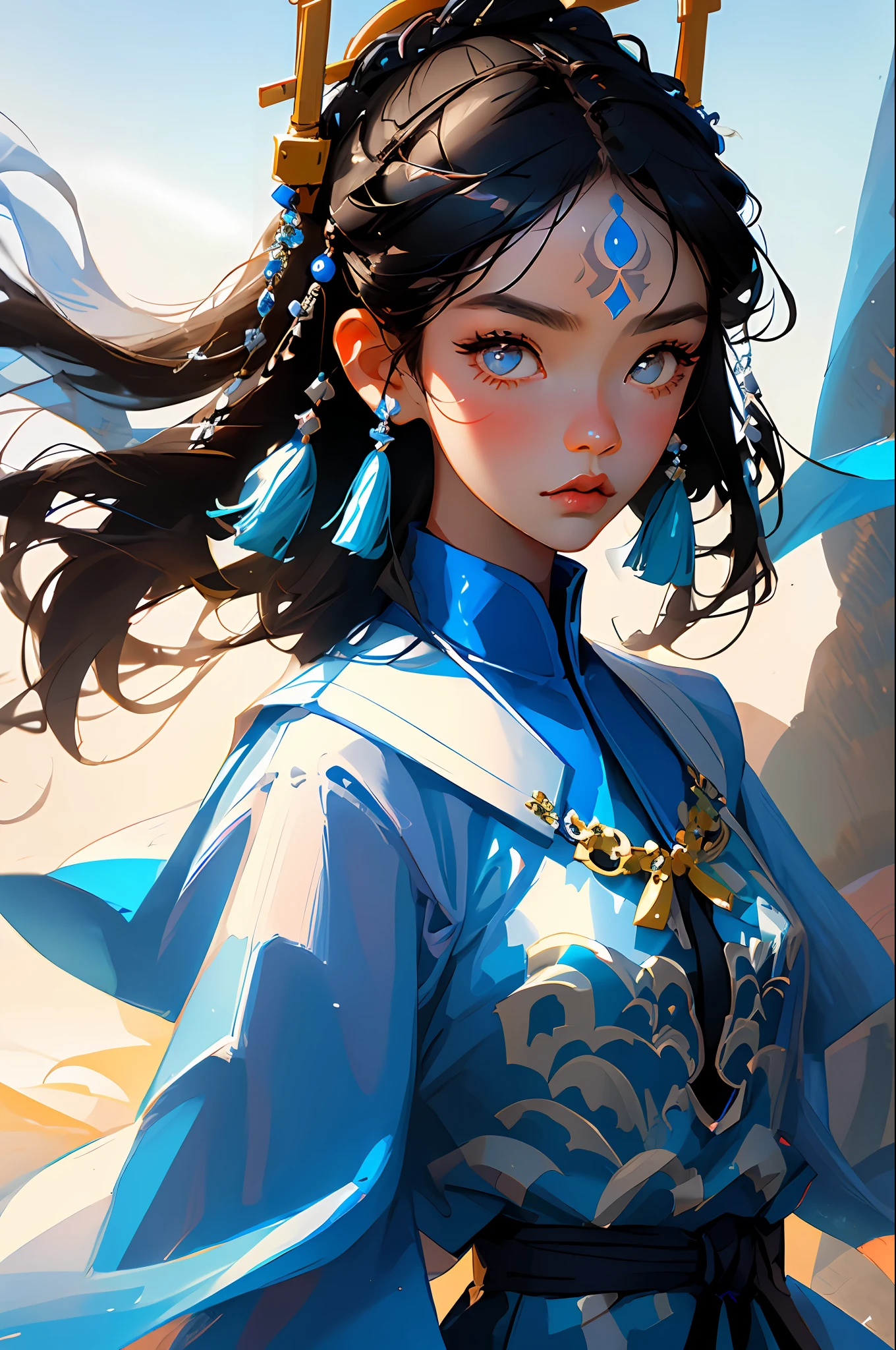 (Face close-up: 1.3), avatar close-up, Mongolian woman, Mongolian clothing, Mongolian accessories, trend, modern, blue and white background, black and white fluorescent color, flat style, minimalism, graphic illustration, Tsuruta Ichiro style,