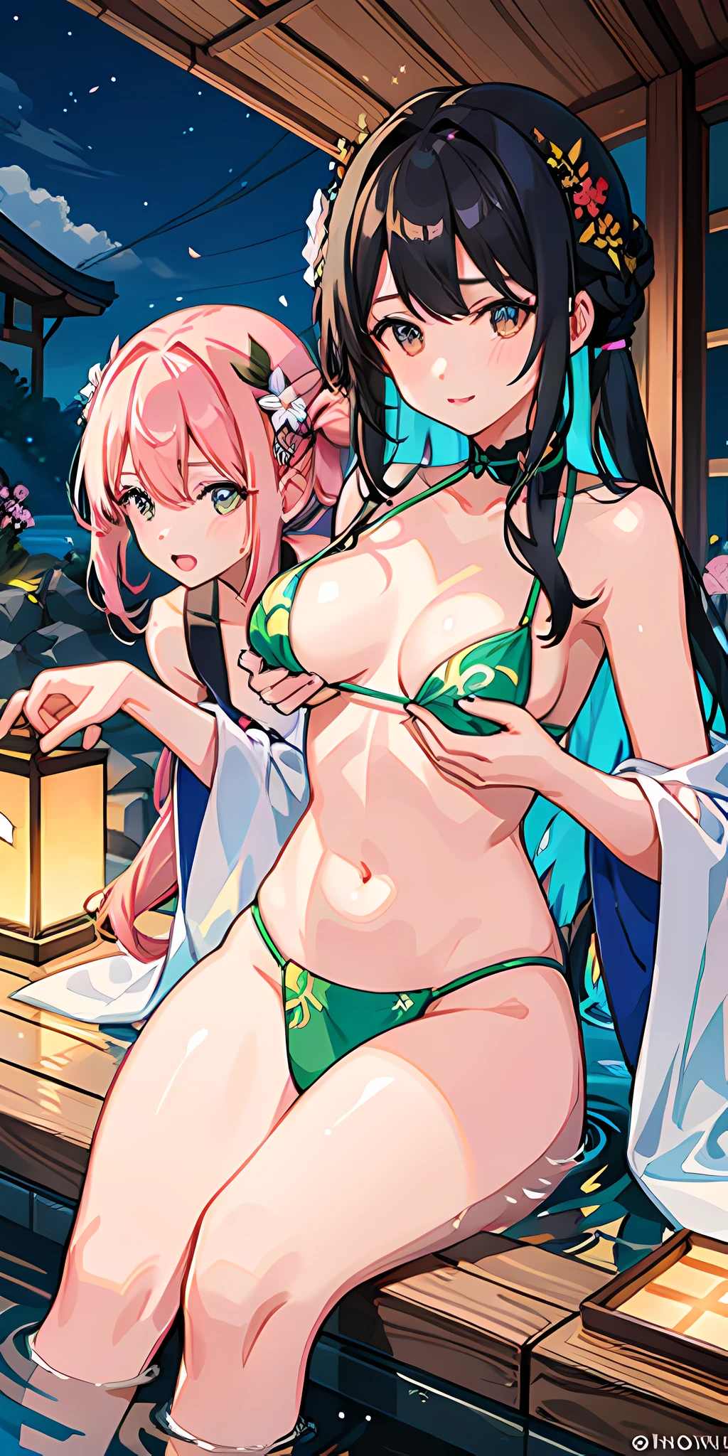 2girls, grabbing breasts, multicolored hair, flowers on head, sidelighting, light particles, sexy, highest quality, onsen, medium breasts, moaning, pov