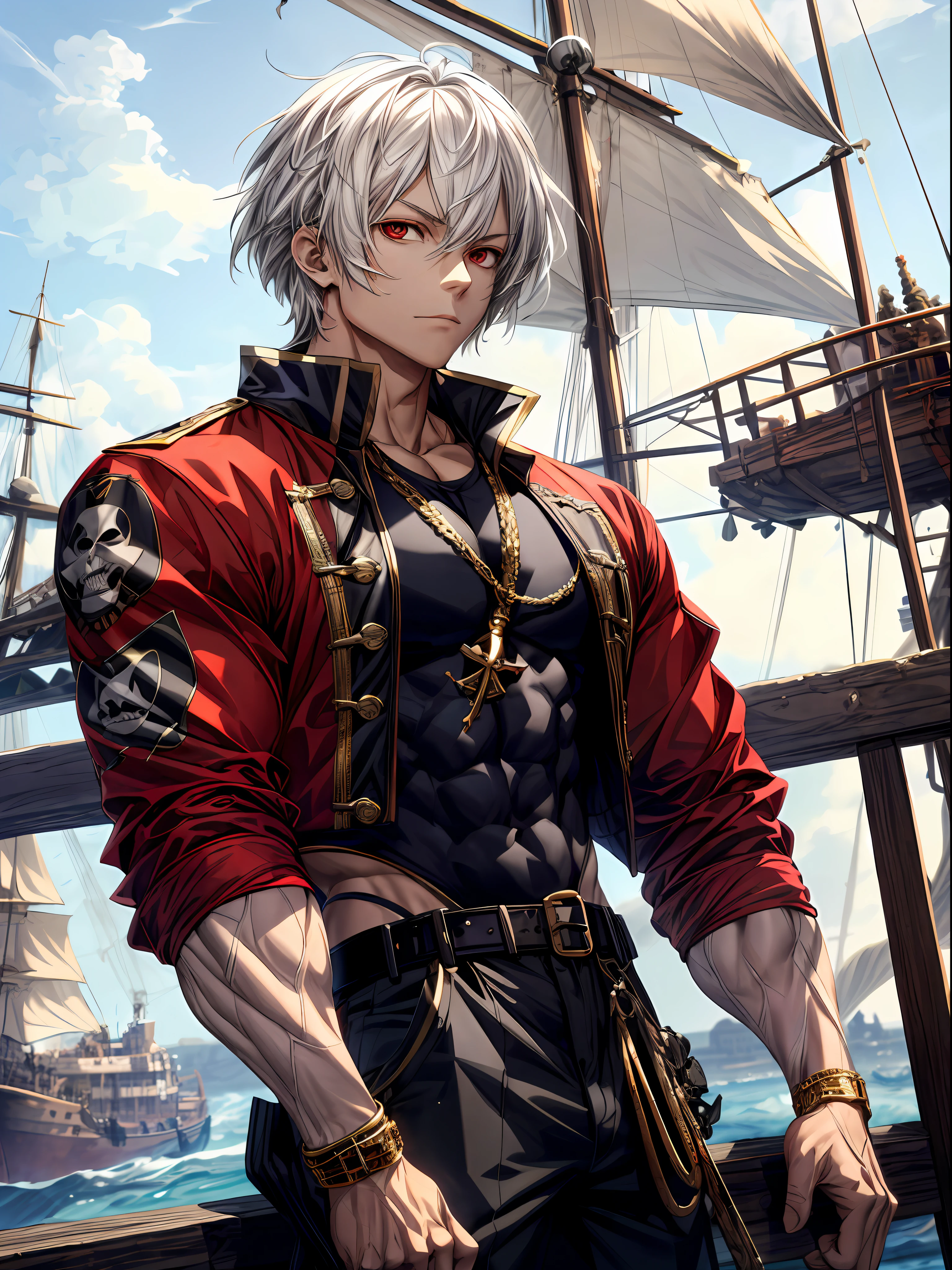 (best lighting) , (super-complex details) , 4K unified, (super-detailed CG: 1.2) , (8K: 1.2),(original), (masterpiece) , (best quality),(Masterpiece:1.4),Anime-ish high quality,(masterpiece),masterpiece, best quality, absurdres,((Masterpeace, 4k, 8k, highres))1girl 1girl with a short bob cut hair, white hair, red eyes, pirate, pirate costume, pirate ship, looking away, looking at a crow's nest, ((body builder:1.4)),temple background,(beautiful bace),(girl),(female),(upper body)