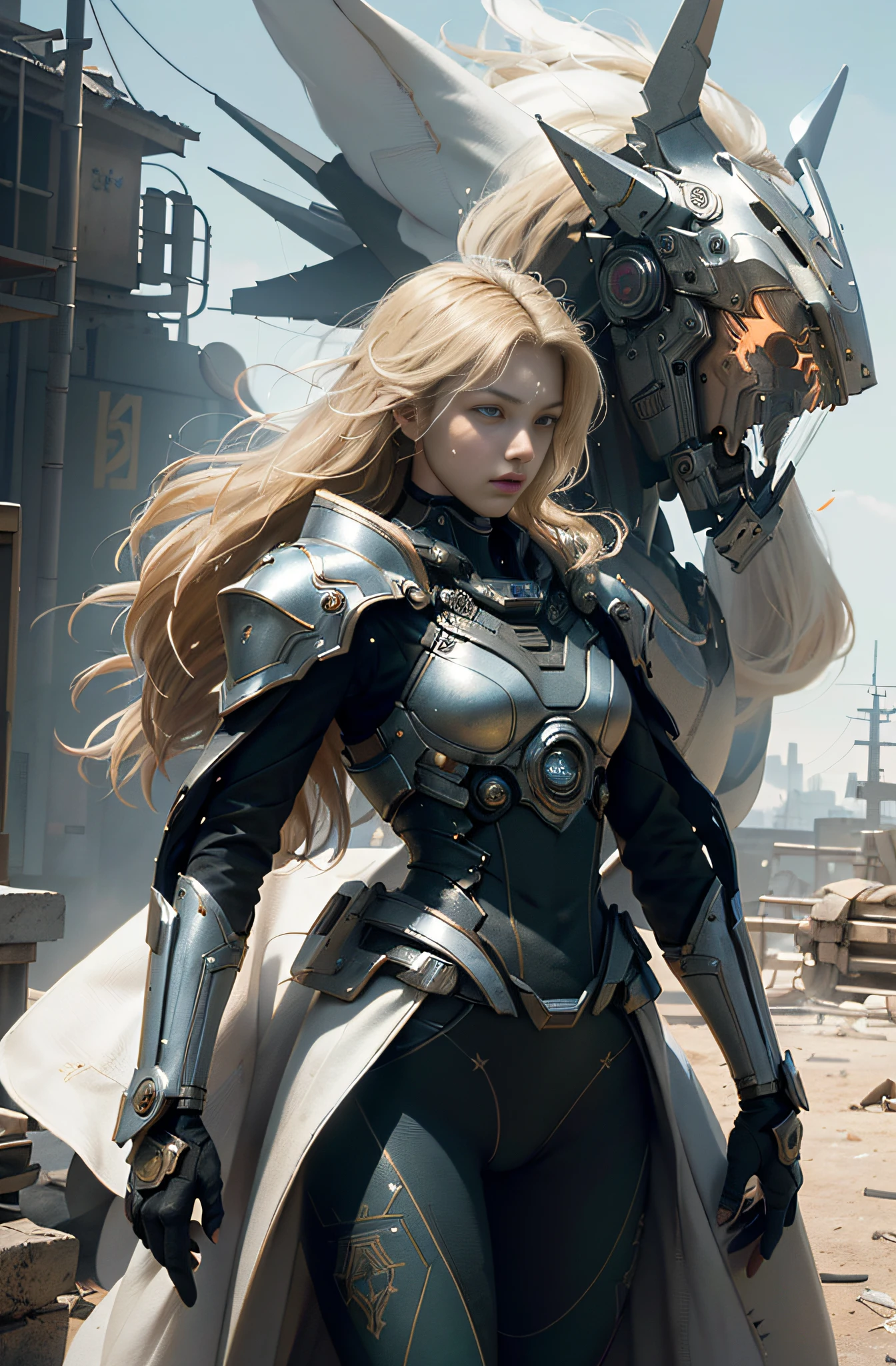 Masterpiece, Best Quality, Film, Official Art, Propaganda Art, Movie Wallpaper, Very Detailed CG Unified 4k Wallpaper, Intricate Details, White Background, Upper Body, Facial Focus, Concept Art, Production Art, ( , Highres, (realistic, photo-realistic:1.2), physically-based rendering, machinery, reflection, realistic, cyberpunk, symmetric front view close up head shot eyes symmetry face very sharp focus realistic award winning matte drawing movie light 1 boy, mecha, (Illustration: 1.1), slim, fair skin, delicate face, king robe, shine, tights, (long blonde hair), green eyes, battlefield, chip, shine, sword