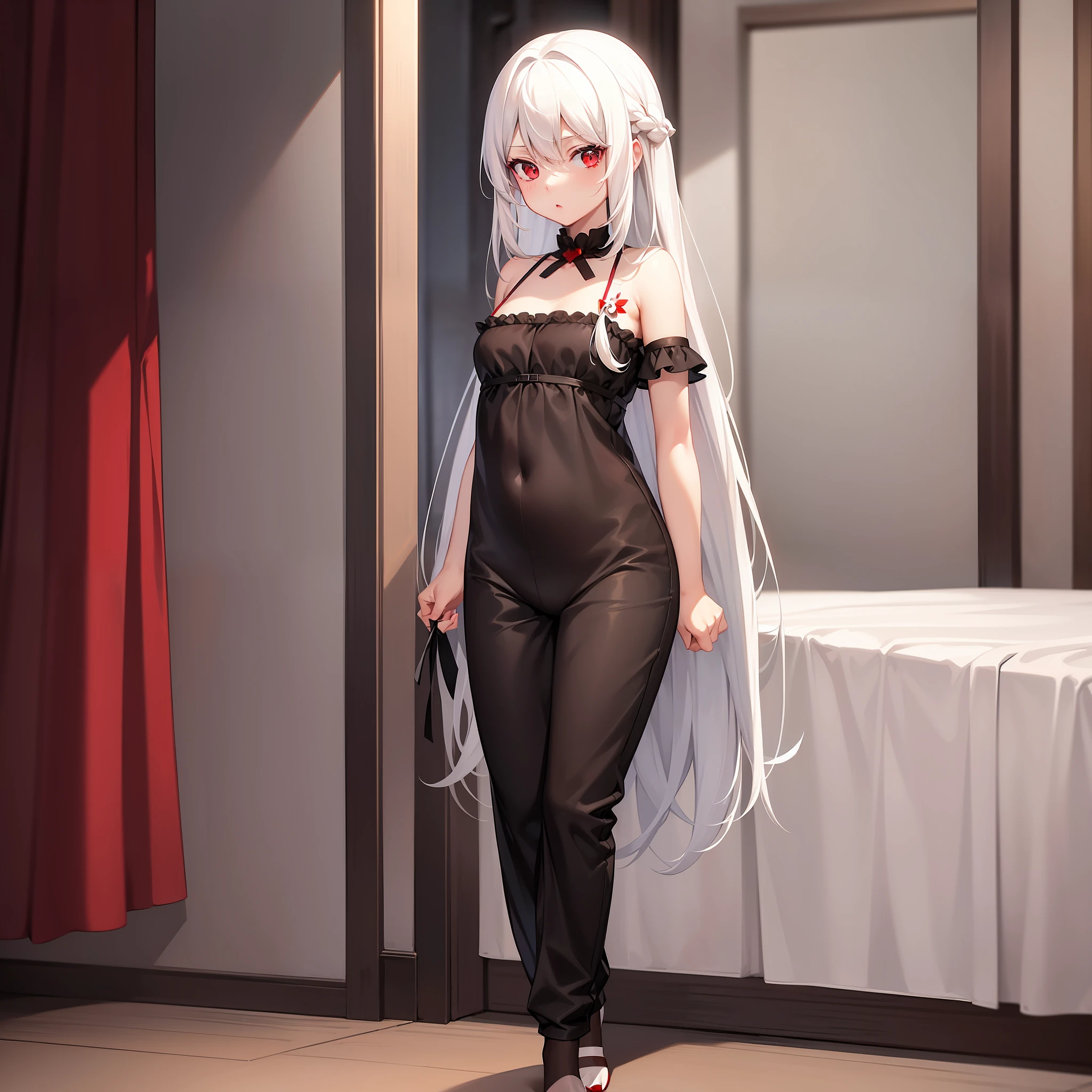 (White hair: 1.5), red eyes, ****, masterpiece, best quality, a girl, looking at the audience, standing, indoors, full body, black pajamas, sheer clothes, yawning, standing in the doorway