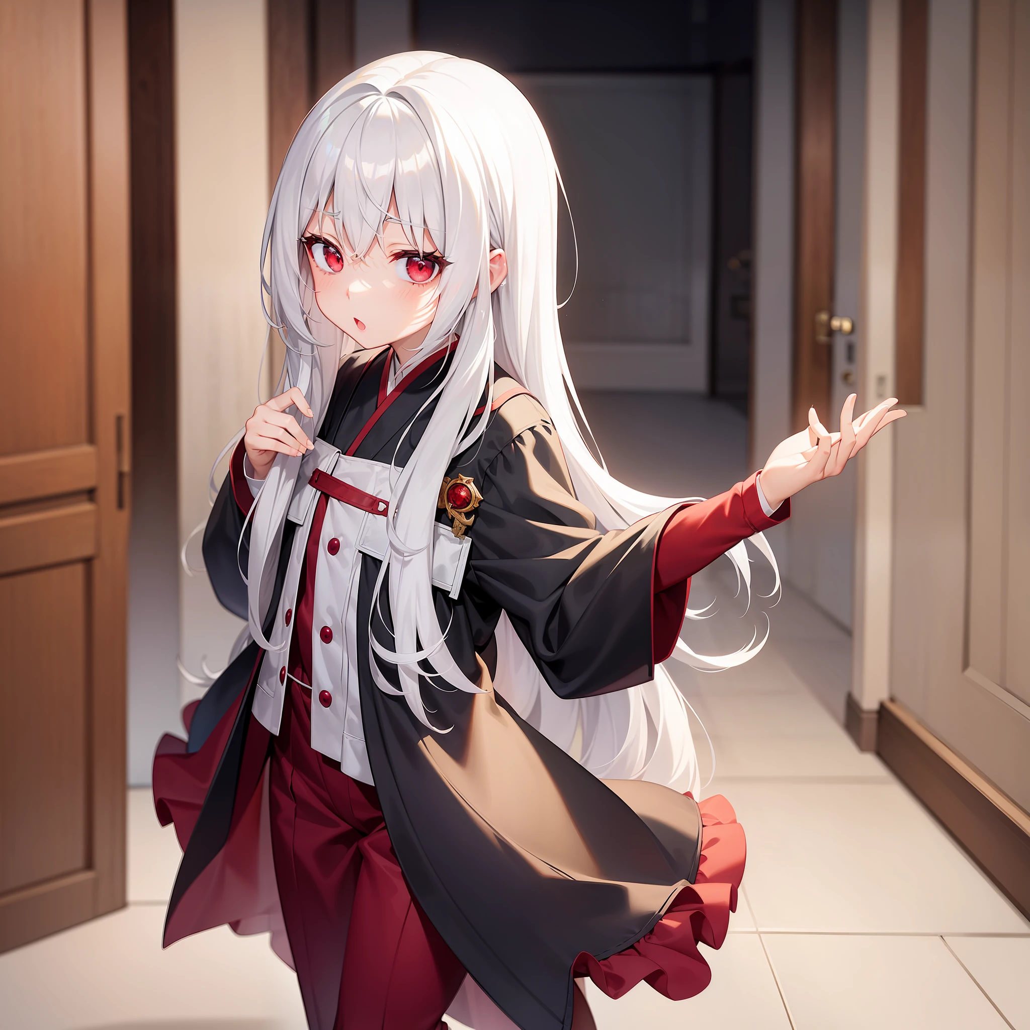 (White hair: 1.5), red eyes, loli, masterpiece, best quality, a girl, looking at the audience, standing, indoors, full body, black pajamas, sheer clothes, yawning, standing in the doorway