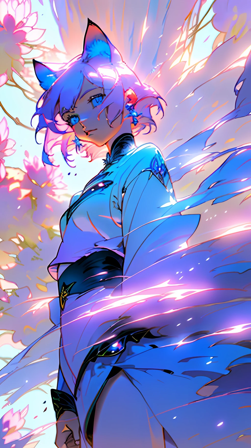(extremely detailed CG unity 8k wallpaper,masterpiece, best quality, ultra-detailed),(best illumination, best shadow, an extremely delicate and beautiful),fantasy setting,small girl,short hair, lilac hair, small lilac cat ears, lilac cat tail, blue eyes,assassin clothing,anime style,rich background scenery,floating, dreamy, magical, pastel colors, playful atmosphere