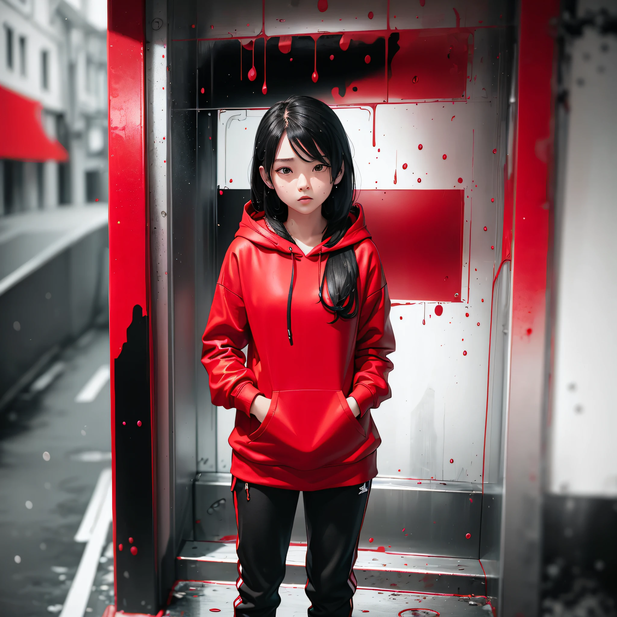 a girl standing in raining black and white, red Color-Splash on girl, red hoodie, sweat pant((red)) --auto --s2