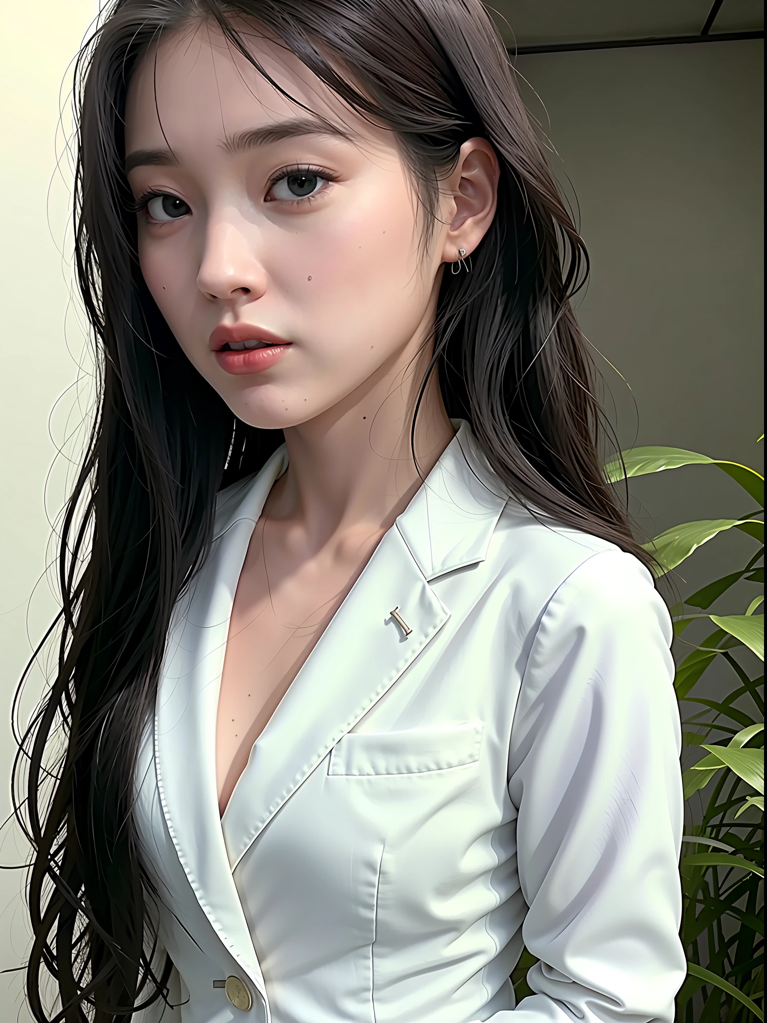 Nikon RAW Photos, 8k, Fujifilm XT3, Masterpiece, Top Quality, Realistic, Photorealistic, Ultra Detailed, 1 Girl, Standing, Close Up, Windblown Black Hair, Long Hair, Makeup, Red Lips, Perfect Skin, White Skin, (Office Suit: 1.1), Ray Tracing, Plants, Soft Lighting, Morning, Sunrays, Ultra High Resolution, Best Shadows, Office