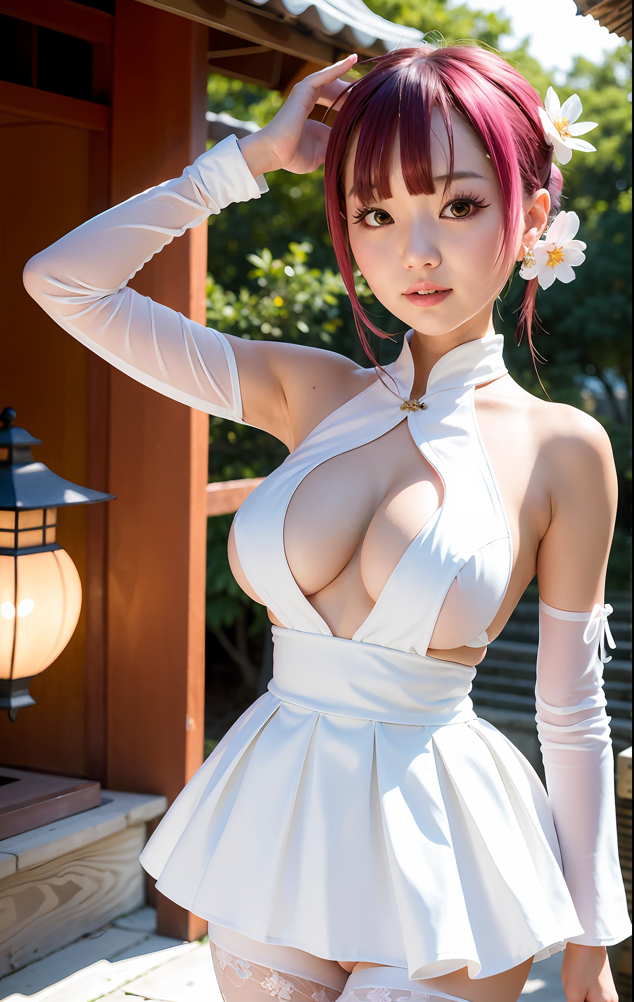 1girl, (ulzzang-6500:0.725), kpop idol, yae miko, detached sleeves, bare shoulders, (sideboob:1.45), pink hair, long hair, japanese clothes, best quality, (photorealistic:1.2), (hair ornament:1.35), jewelry, purple eyes, earrings,, large breasts, torii, cherry blossoms, lantern light, depth of field, detailed face, face focus, bodystocking, ribbon_trim, white skirt, white dress, (looking at viewer:1.25), nontraditional miko, shiny skin, long sleeves, smile, thick lips, game cg, thighhighs, (bare breasts:1.25), hands on lips, east asian architecture, blurry background, full body, arms behind back,