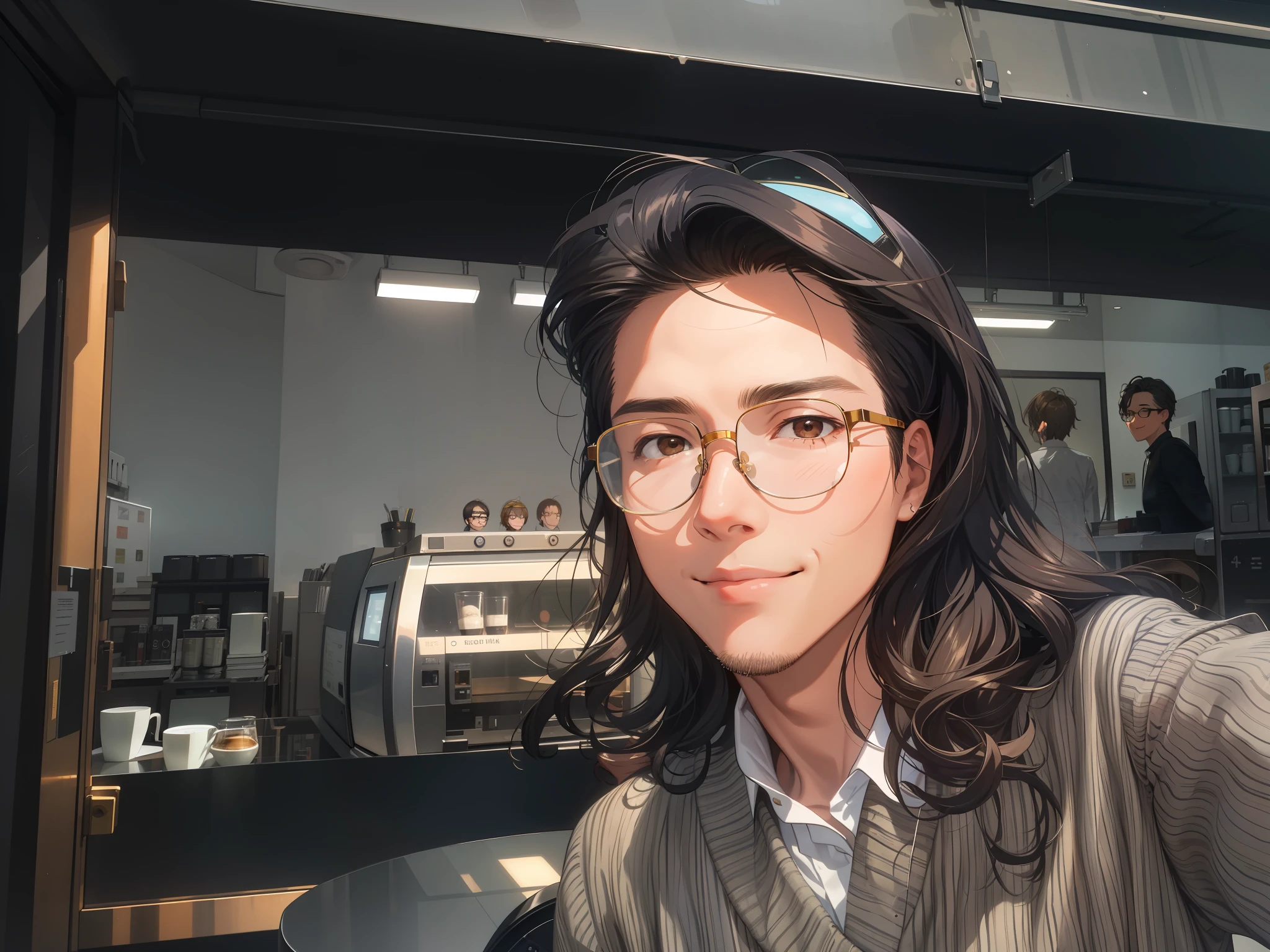 ((Best Quality)), ((Masterpiece)), redrawn face with original image, a long-haired boy taking a selfie, wearing a striped cotton and linen shirt, wearing gold wire fine-rimmed glasses, sunglasses on top of his head, smiling, café and coffee machine background behind him, Canon EOS 5 D Mark IV shooting, extreme detail, post-processing, large aperture, low ISO, white balance, 8K RAW