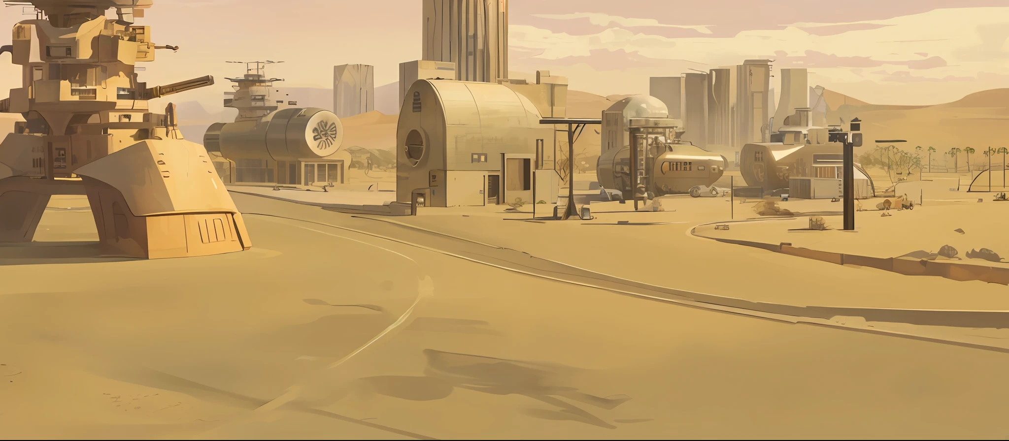 Science and technology town streets in the desert, steel buildings full of science and technology,