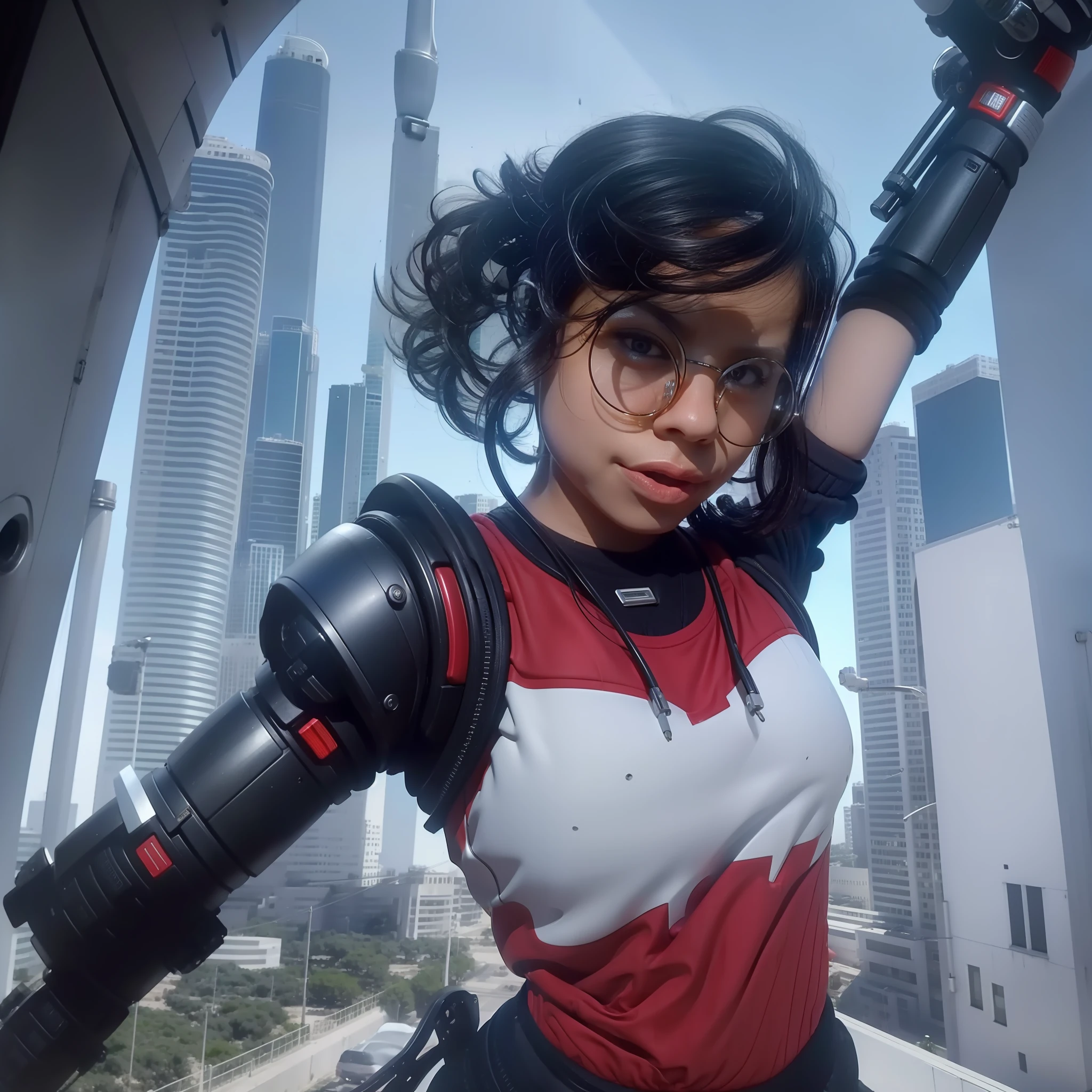 "Mila type, robot arm over a meter, epic action scene, Full HD and 8K stunning quality, movie visuals, exaggerated and voracious expression on the face, hot, lots of adrenaline."
