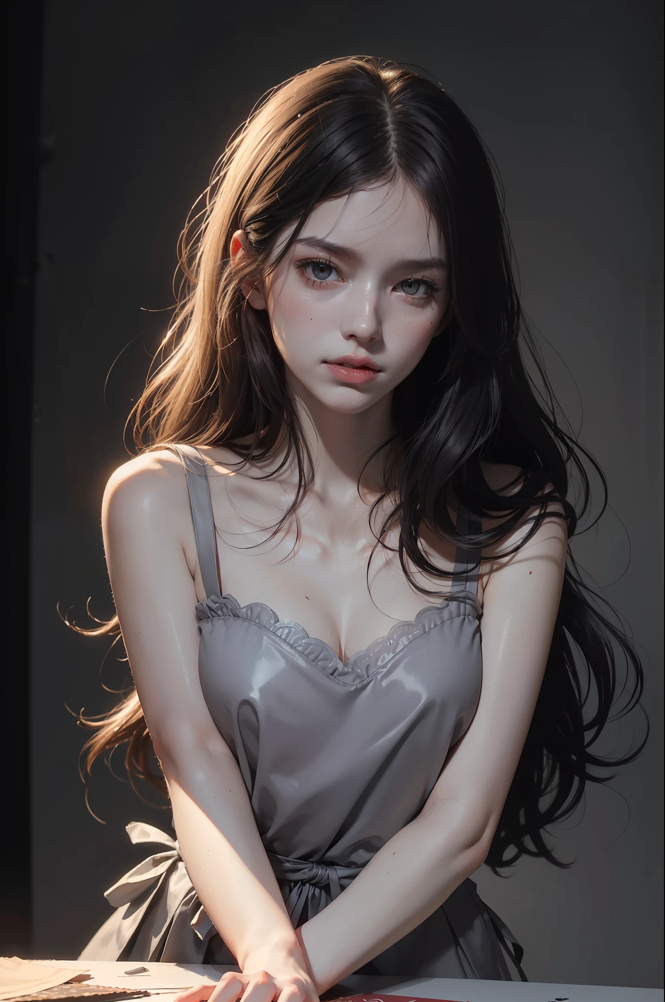 ((You may be one person to the world but you may also be the world to one person, paradox, Adrian Ghenie, jenny saville, edward hopper, dark art by James Jean, Takato Yamamoto)),(RAW photo, best quality), ((Nostalgia,1980s style)),(A girl with a literary atmosphere:1.2),(realistic, photo-realistic:1.3), extremely delicate and beautiful, Amazing, finely detail, masterpiece, ultra-detailed, highres,best illustration, best shadow,intricate,depth of field,1girl,(long legs:1.4),long hair,messy hair,((((low key,dark scene,dimly lit)))),fat,(((soft lighting:1.4))),(pale skin:1.4),(shy smile),(cinematic angle),sharp focus, award winning, volumetric fog, 8k UHD, DSLR, high quality,( film grain:1.4), Fujifilm XT3,(looking at viewer),slightly sweaty and shiny,Clothed only with Kintaro's apron