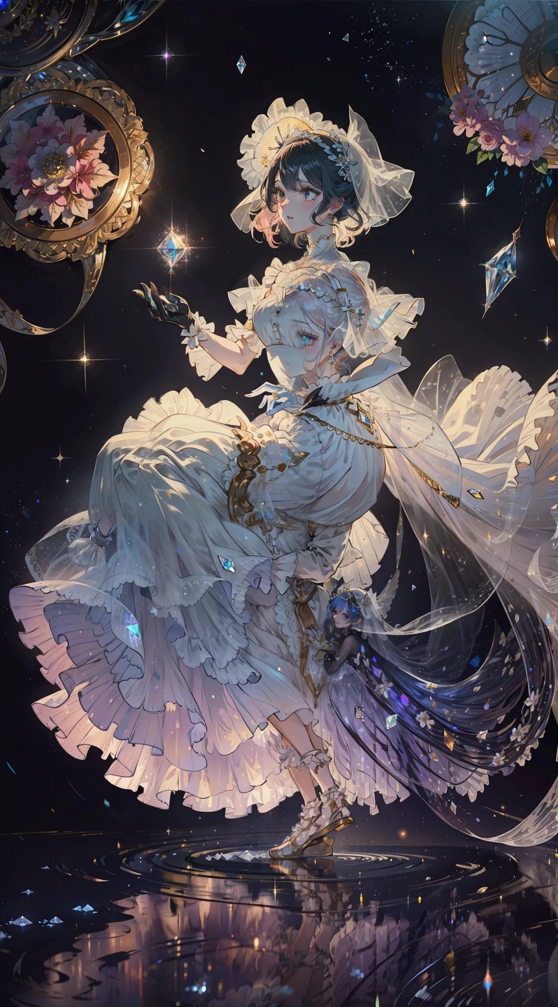 Extreme detailing, rococo style, frills, intricate and gorgeous, gloves, afternoon tea, ponet, curls, cream, gradient pick dye, candy, shiny, shiny, light particles, dynamic pose, dramatic composition, candy hair accessories, pure white skirt, flowers, embroidery, gem-encrusted, flat chest, gauze skirt with broken diamonds, flying, jumping, veil, transparent blouse, lace gloves, delicate portrayal of face, full body, opal-like eyes, skirt in white tones, colorful white, laser, Crystal dress, diamond-like hair, pure white wedding dress, long skirt, trailing tail