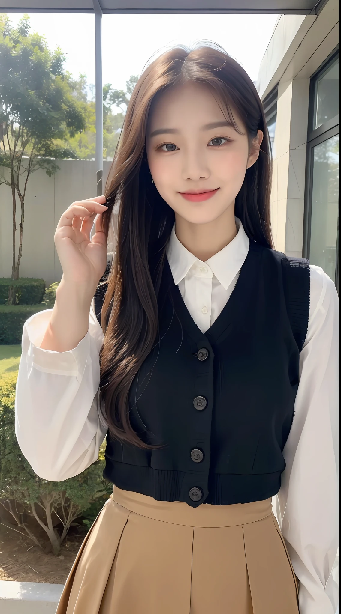 (1 Korean star with royal sister style), ((best quality, 8k, masterpiece: 1.3)), focus: 1.2, perfect body beauty: 1.4 , (smile), (Street: 1.3), highly detailed face and skin texture, delicate eyes, double eyelids, whitening skin, (big wave hairstyle: 1.3), (round face: 1.5), (vest skirt: 1.4),