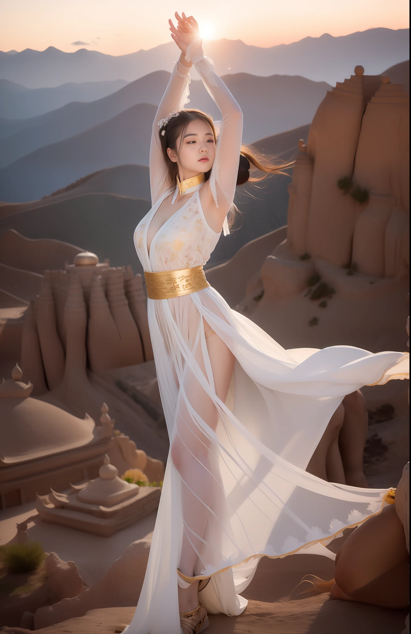 At the top of the mountain, body flying in the air, realistic, close-up, intricate details, ultra-detailed, natural skin texture, surrealism, sharp, 1 female, hair bundle, hair bun, model in Dunhuang costume, clothes with four very thin delicate streamers, white mist, golden light, outdoors, delicate facial details, style influenced by ancient Chinese art, elegant balance, desert, Dunhuang, elaborate landscape, global illumination, Zhang Yimou - ar 16:9 - q 2 - v 5.1, (strong wind: 1.5), shunlight (sunlight on the body: 1.3), (strong wind: 1.1), (strong wind: 1.5), complex, high detail, sharp focus, dramatic, photorealistic painting art, on the top of a mountain, body flying in the air, hyper-detail face and eyes, 16k, best quality, bokeh, soft light, space, crystal clear, natural light,