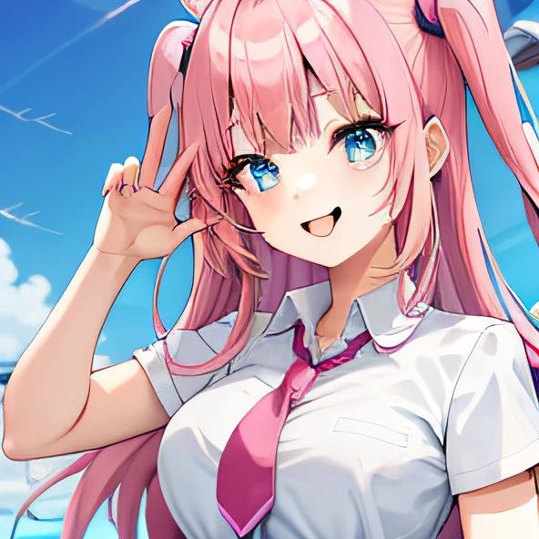 Anime girl with pink hair and blue eyes in tie, pink two-tailed hair and cyan eyes, kawaii realistic portrait, anime moe art style, Saori, Mikudayo, Shikamimi, my dress up dear anime, Nyaruko-san, inspired gacha club game, Shirabii, anime girl named Lucy, drawn in anime painter studio, smiley face, sunshine, tilted head laugh