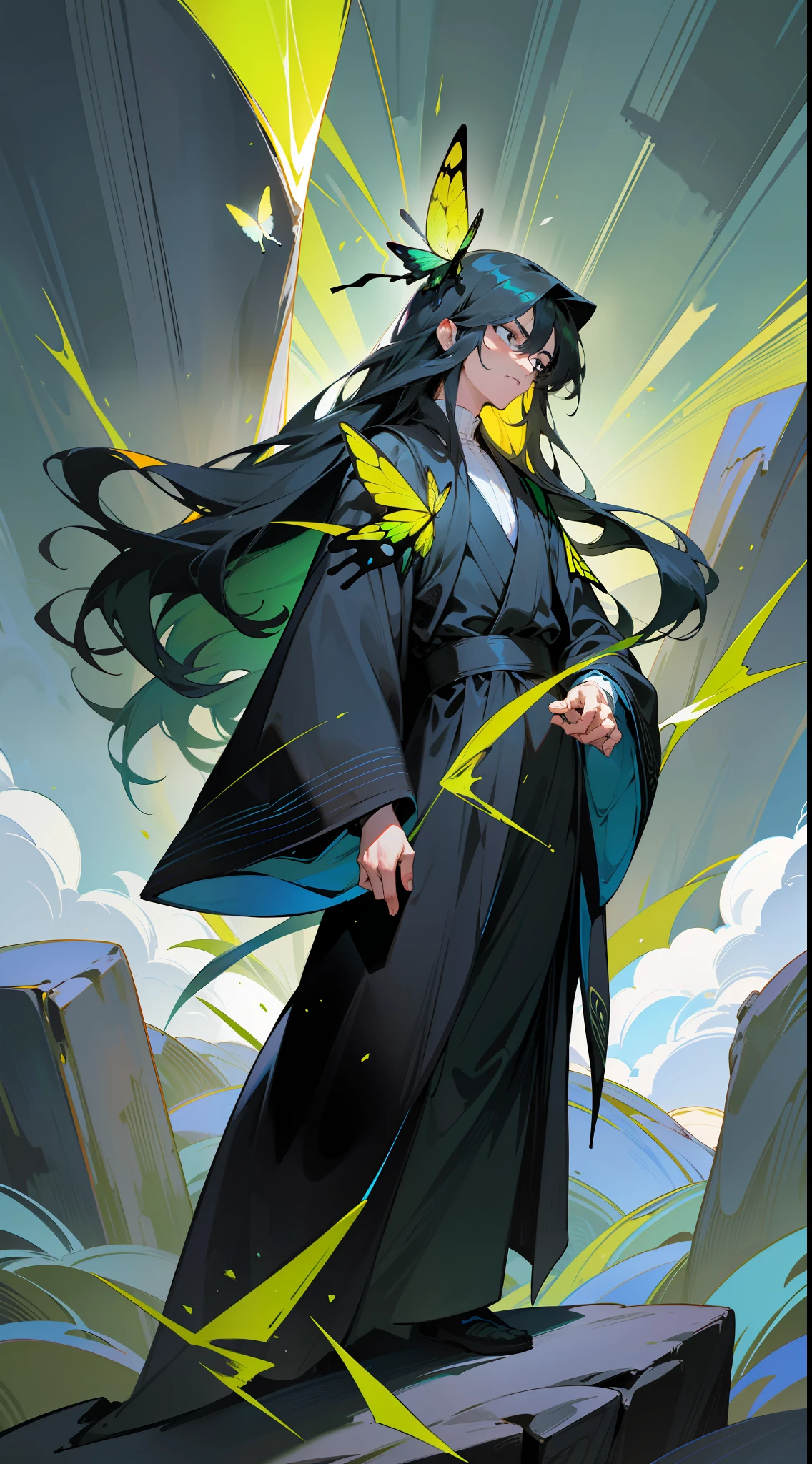 The background is on the top of the mountain, a young man with long black hair flying in the wind, standing on the top of the mountain, wearing a black robe, with a cold expression, holding a butterfly in his hand, the butterfly emits a green glow, panorama, full body portrait, masterpiece, high detail, fine face, heads-up view