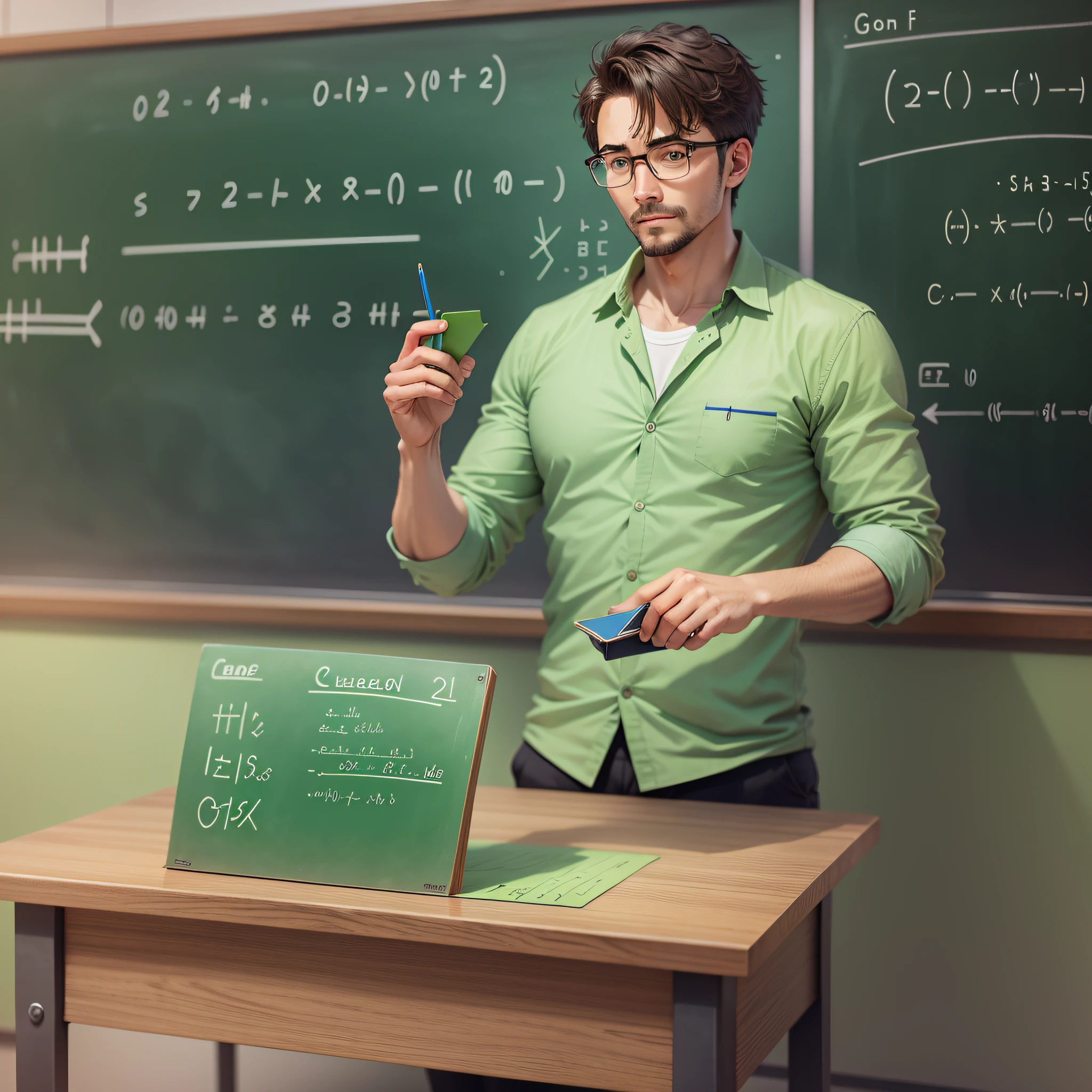Teacher, behind him is a green board full of mathematical equations --auto --s2