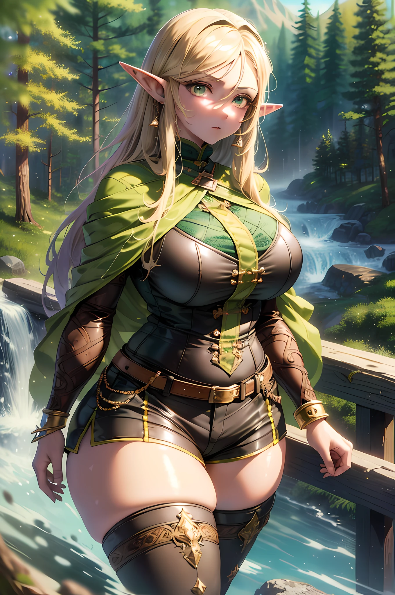 (Best Quality, Masterpiece:1.4), (Realism:1.2), (Realisitc:1.2), (Absurdres:1.2), 4K, Detailed, Ultra-Detailed, Digital Art, Detailed Face, (Hyper-Detailed Eyes:1.2), (Ornate:1.2),(Nature:1.2), (Forest:1.4), (Mountains:1.2), Rocks, Rock, River, (Wooden Bridge:1.2),(Solo:1.4), 1Girl, (Standing:1.2), (Elf:1.2), Pointy Ears, (Blonde Hair:1.2), Long Hair, (Sidelocks:1.2),(Green Eyes:1.4),(Curvy:1.4), Large Breasts, Thick Thighs,Brown Knee Boots, (Brown Shorts:1.2), (Brown Cloak:1.2), (Brown Thighhighs:1.4), Green Dress, Black Belt,venusbody