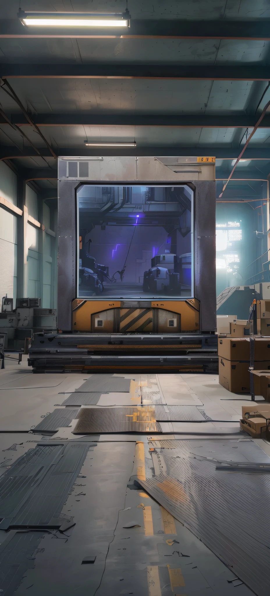 There is a big TV in the warehouse with boxes, factory background, Overwatch building, [[empty warehouse]] background, interior background art, dark hangar background, weapon shop interior, random background scene, background art, secret shady lab, Overwatch design, EVA Unit-00 in the back, mirror edge art style,