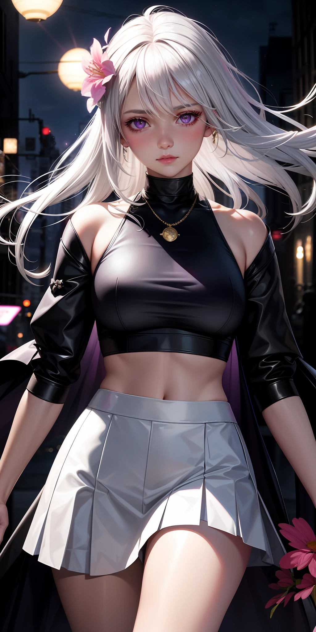 realistic, 1girl, white hair, purple eyes, glowing eyes, crop top, skirt, parted lips, blush, night, flowers, sun, sunlight,