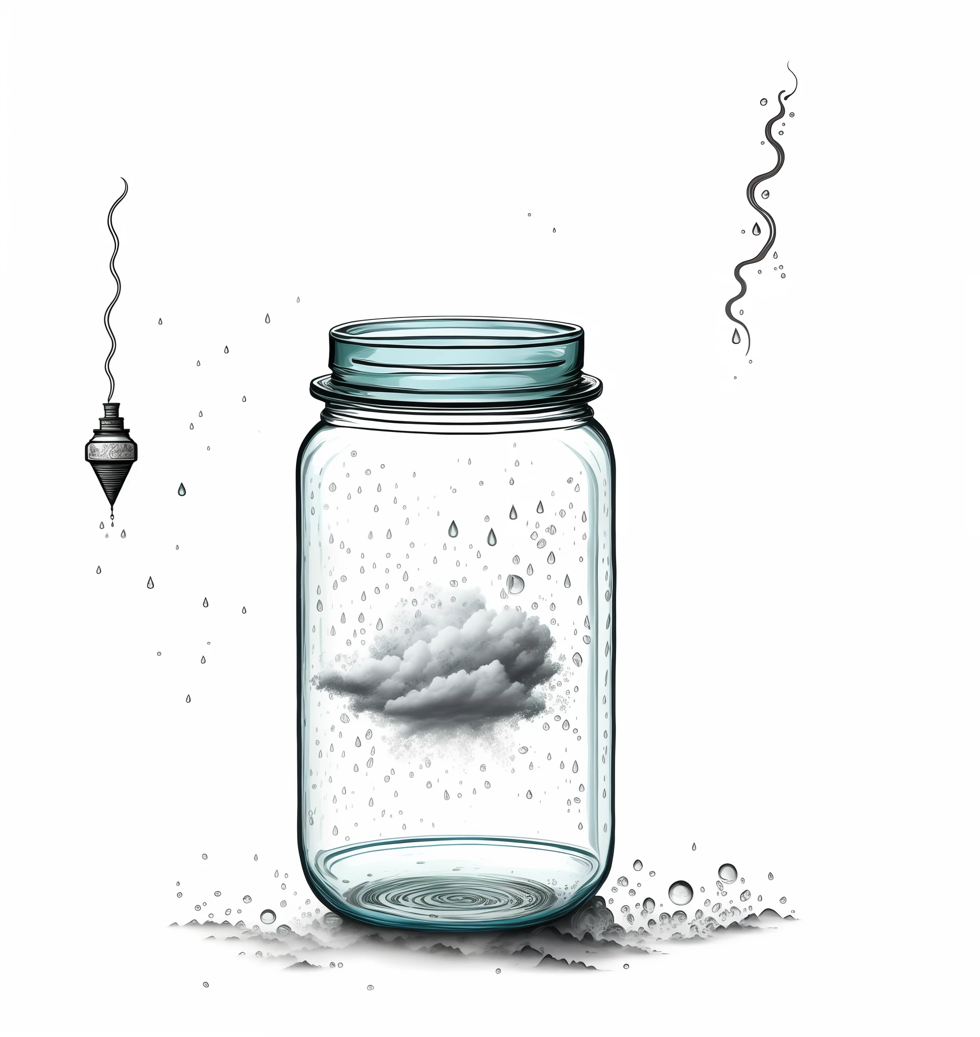 Modify... a drawing of a jar with a cloud inside it, lightning in a bottle, hyperdetailed scp artifact bottle, glass jar, thread - art, jar on a shelf, with storms, by Adam Marczyński, illustration, jars, stylized storm, hand drawn, hand drawn, line art illustration, droplets flow through the bottle