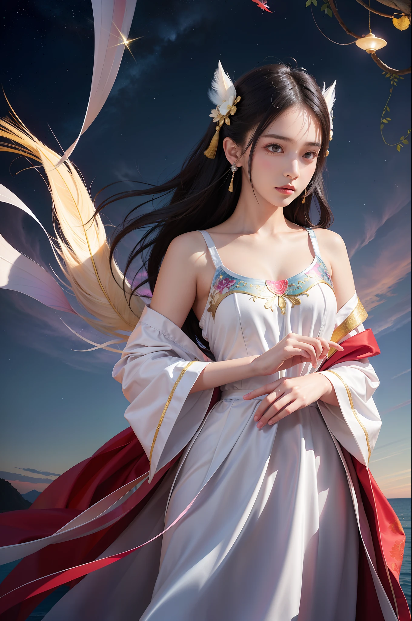 (Masterpiece, Top Quality, Best Quality, Extreme Detail, Supreme Detail, Official Art, Beauty and Aesthetics: 1.2), Colorful, Denim Shot, Upper Body Shot, Beautiful Face, Solo, Perfect Body, On Sky Clouds, Flying in the Sky, Portrait of a Girl, Silver Gradient Hair, (Black Hair| Pink hair: 1.2), fairy, flowing streamers, sexy, sun rays, clouds, full body, hanfu, chinese clothes, water, fireflies, night, starry sky, jewelry, feathers on dresses, peacock feathers, light particles, volumetric lighting, ray tracing (flowing streamers: 1.1), (fantasy novels: 1.2), illuminators, stars, fantasy, high contrast, ink strokes, overexposure, purple and red tone impressions, abstract, (watercolor paintings by John Berkey and Jeremiman)) brush strokes,