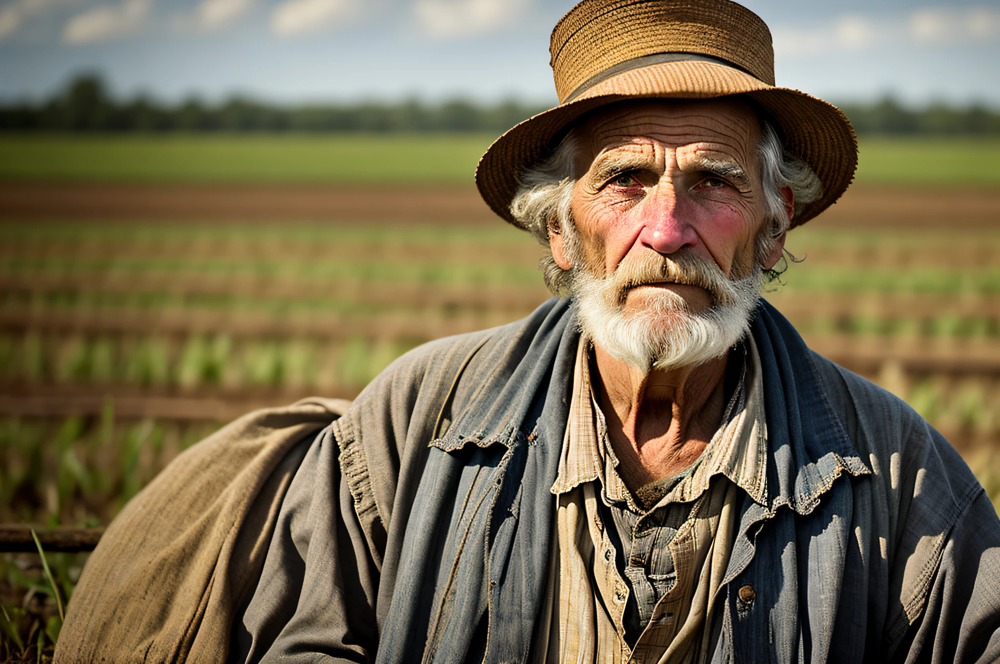 A portrait of the poor old 1800s American worker in rags, scattering seeds in the field, age wrinkles, realistic portrait, highly detailed, grumpy gray colors, glaring, messy style, with an image of the field in the background