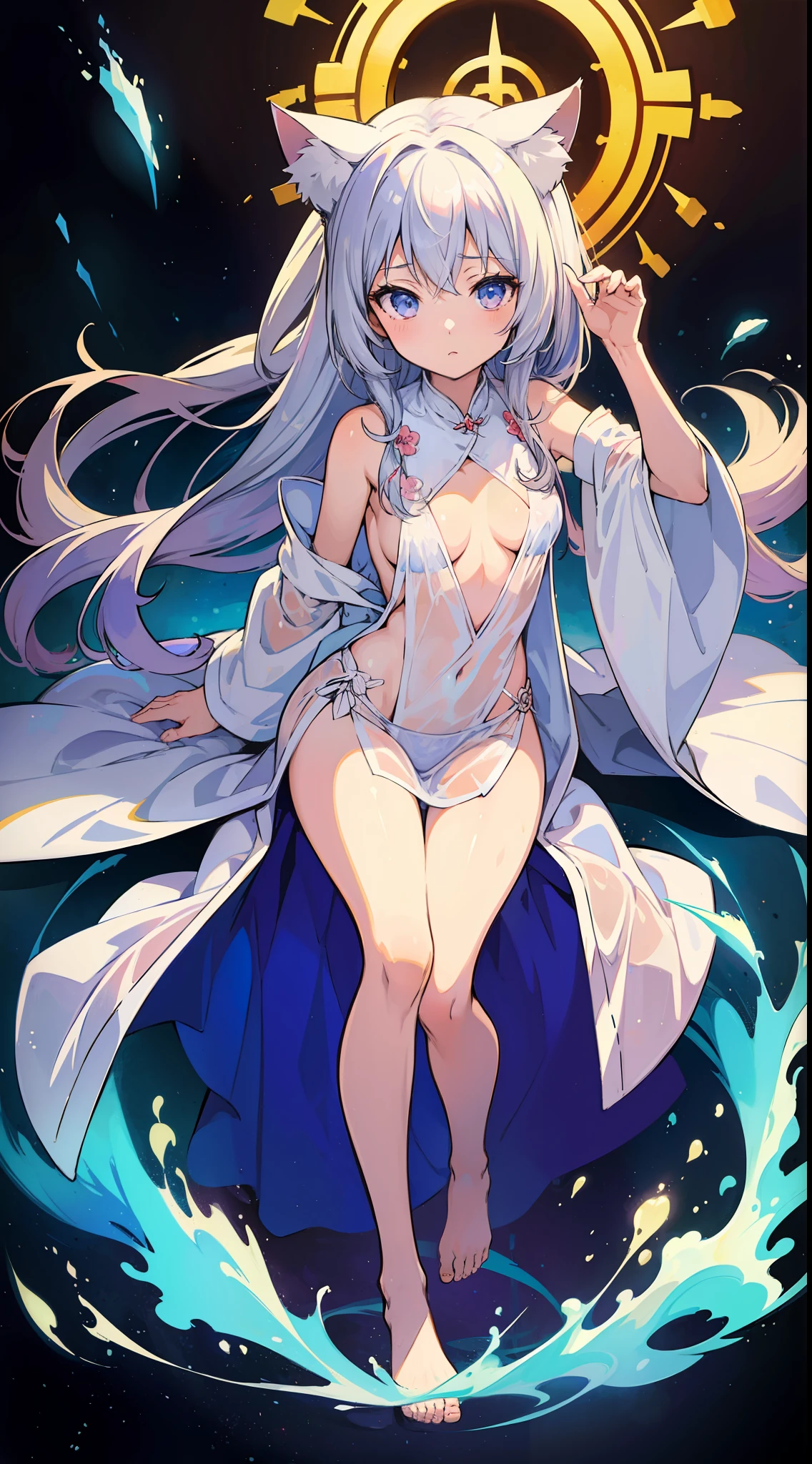 (Masterpiece), (Top Quality Anime Illustration), (Super Definition), One Girl, Solo, Beautiful Girl with Silver Hair, Anime Loli, Cat Ear Loli, Petite Loli, Priest, Silk Robe, See-through, Cleavage Emphasis, Underboob, Thighs, Temple