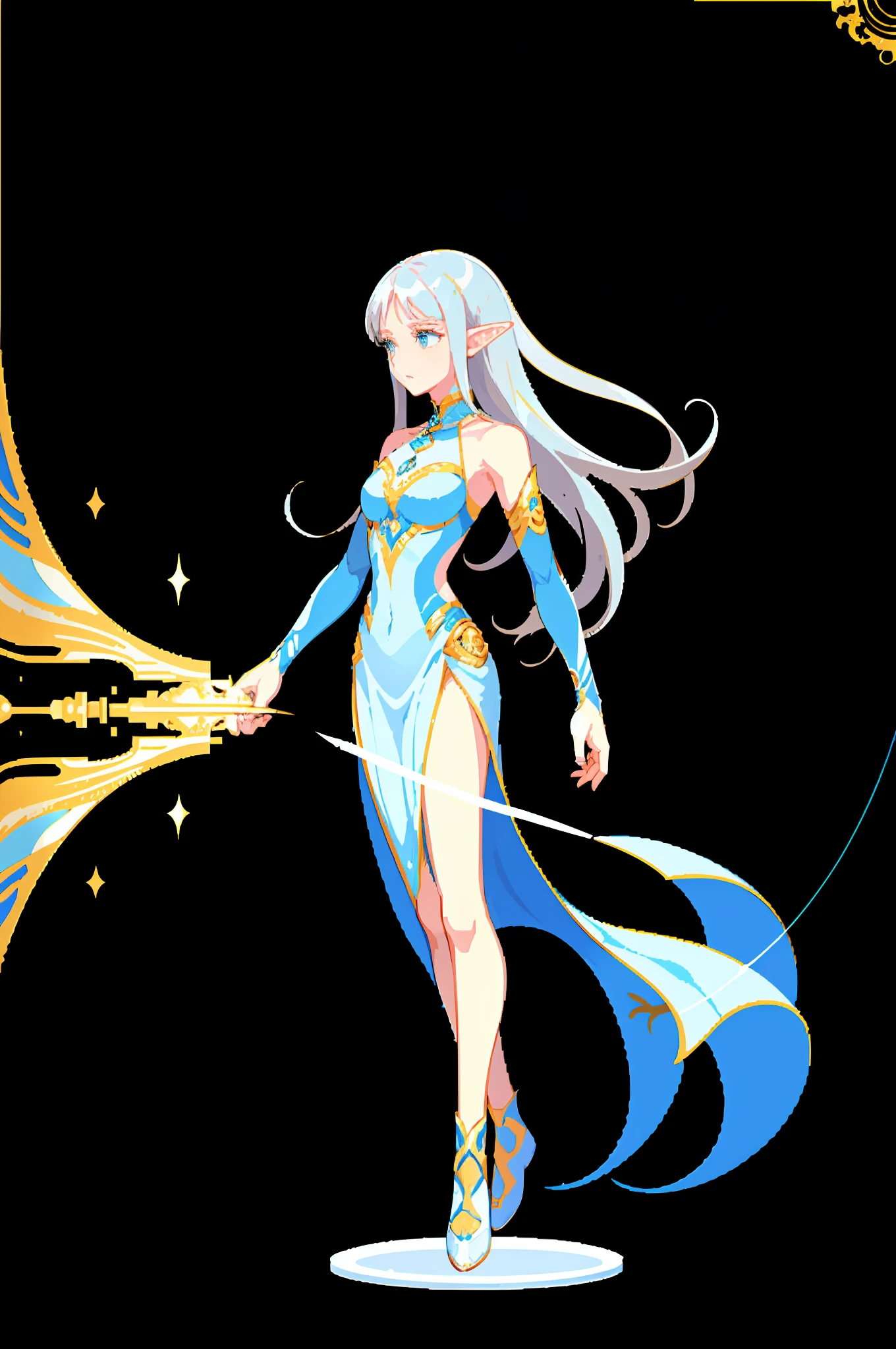(Masterpiece, highest quality) galaxy fantasy brilliant flash, 1 girl delicate long skirt flowing, particle effect dreamy floating, flowers all over the body, deep background is peaceful, silver-haired elf woman is unique, not losing elegance, clothes are neat and white, the straight silhouette looks more dignified, artistic details are super exquisite, stimulate your imagination and pleasure.