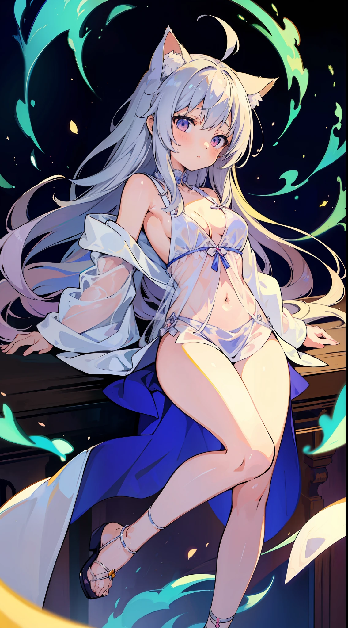 (Masterpiece), (Top Quality Anime Illustration), (Super Definition), One Girl, Solo, Beautiful Girl with Silver Hair, Anime Loli, Cat Ear Loli, Petite Loli, Priest, Silk Robe, See-through, Cleavage Emphasis, Underboob, Thighs, Temple