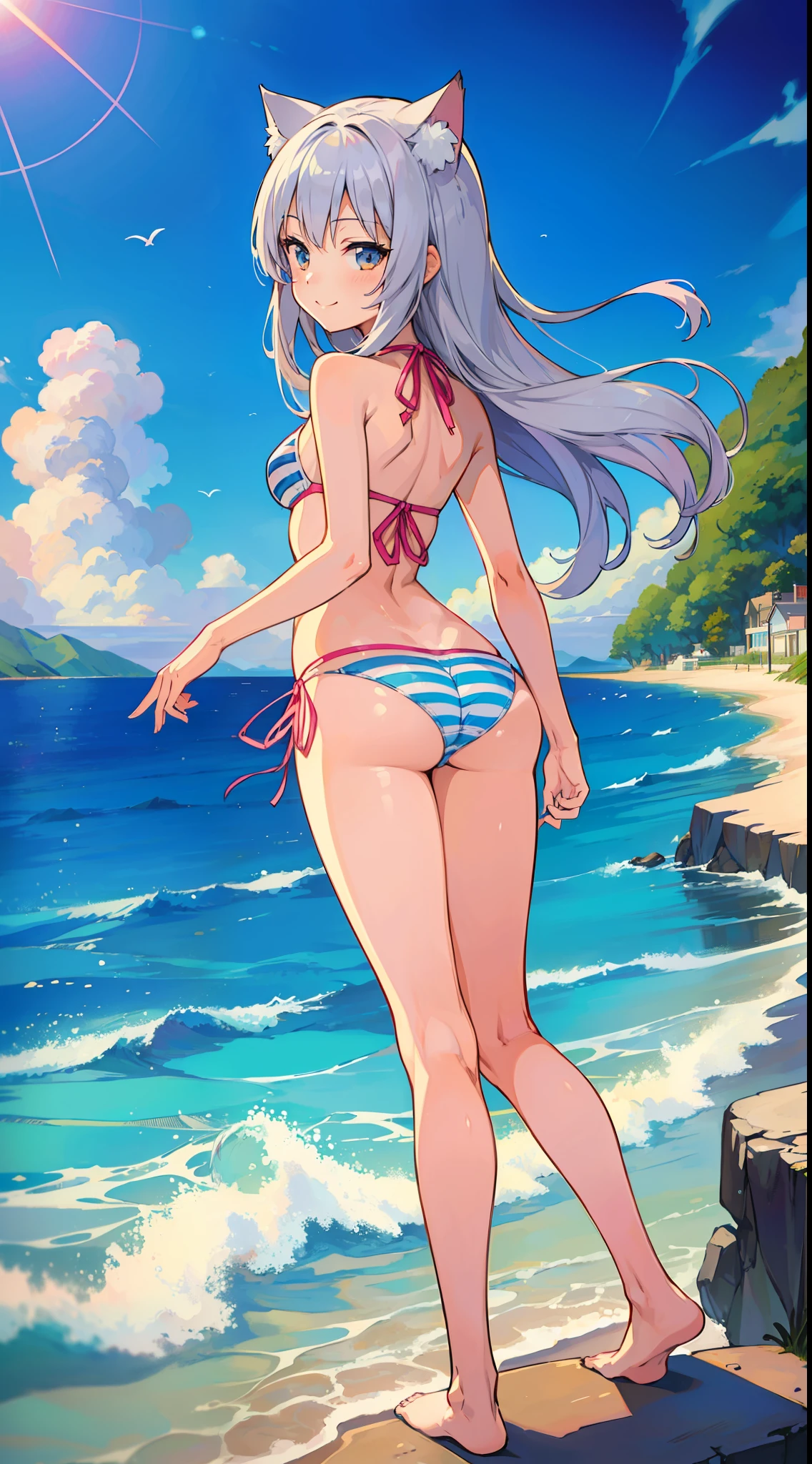 (Masterpiece), (Top Quality Anime Illustration), (Super Definition), One Girl, Solo, Silver-haired Beautiful Girl, Anime Loli, Cat Ear Loli, Petite, Thigh Emphasis, Striped Bikini, Smile, Buttocks, Buttocks Up, Back, South Island Sea, Water, Tarot Card Wind