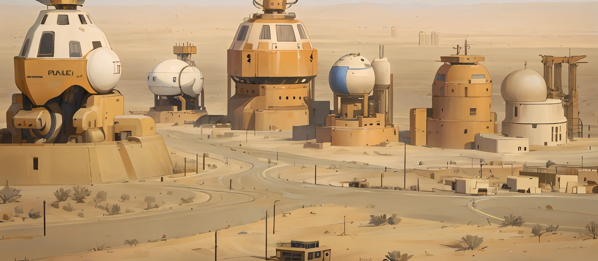 Science and technology town streets in the desert, steel buildings full of science and technology,