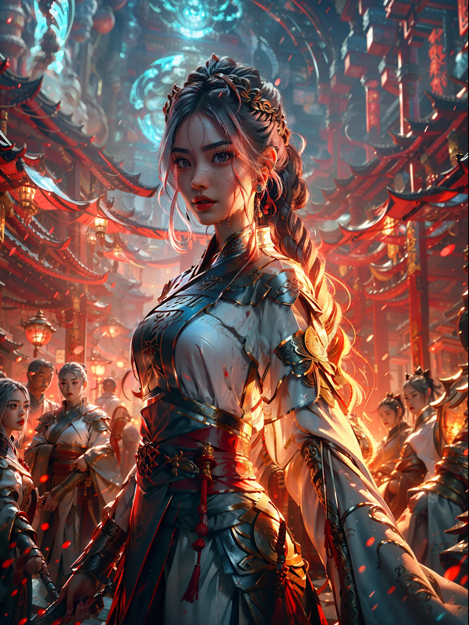 "From a low angle, cinematic lighting showcases a stunning masterpiece portrait of a beautiful woman in a cheongsam, holding a greatsword, with luscious red lips, and wet silver hair adorned with a hairpin. Superb detailing and exquisite Fujicolor finishing on UHD resolution complete this mesmerizing image."