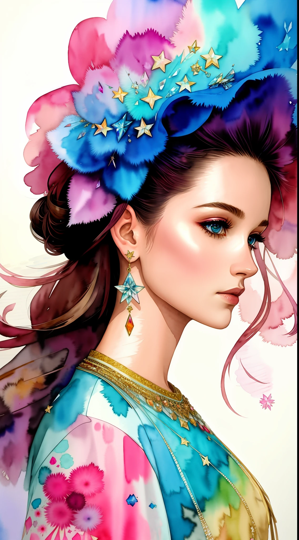 Wtrcolor style, (pink) blue, mint, digital art, official art, gone with the wind, masterpiece, beautiful, ((watercolor)), paint splashes, intricate details. Excellent detail, [drop:0.7], Trending on Artstation, Rachel Walker Professional Portrait, Abstract, Approaching Perfection, Delicate Face, Dynamic, Moonlight, High Detailed, Digital Painting, Trendy Art Station, Concept Art, Smooth, Clear Focus, Illustration, Art by Carne Griffiths, Vadim Kashin, Watercolor, Crystals, Star, Diamond, Rock Star Cool, Street Art, Golden/Air/Crow/Scales/Dark/In Love/(Queen)/(Position)Gothic