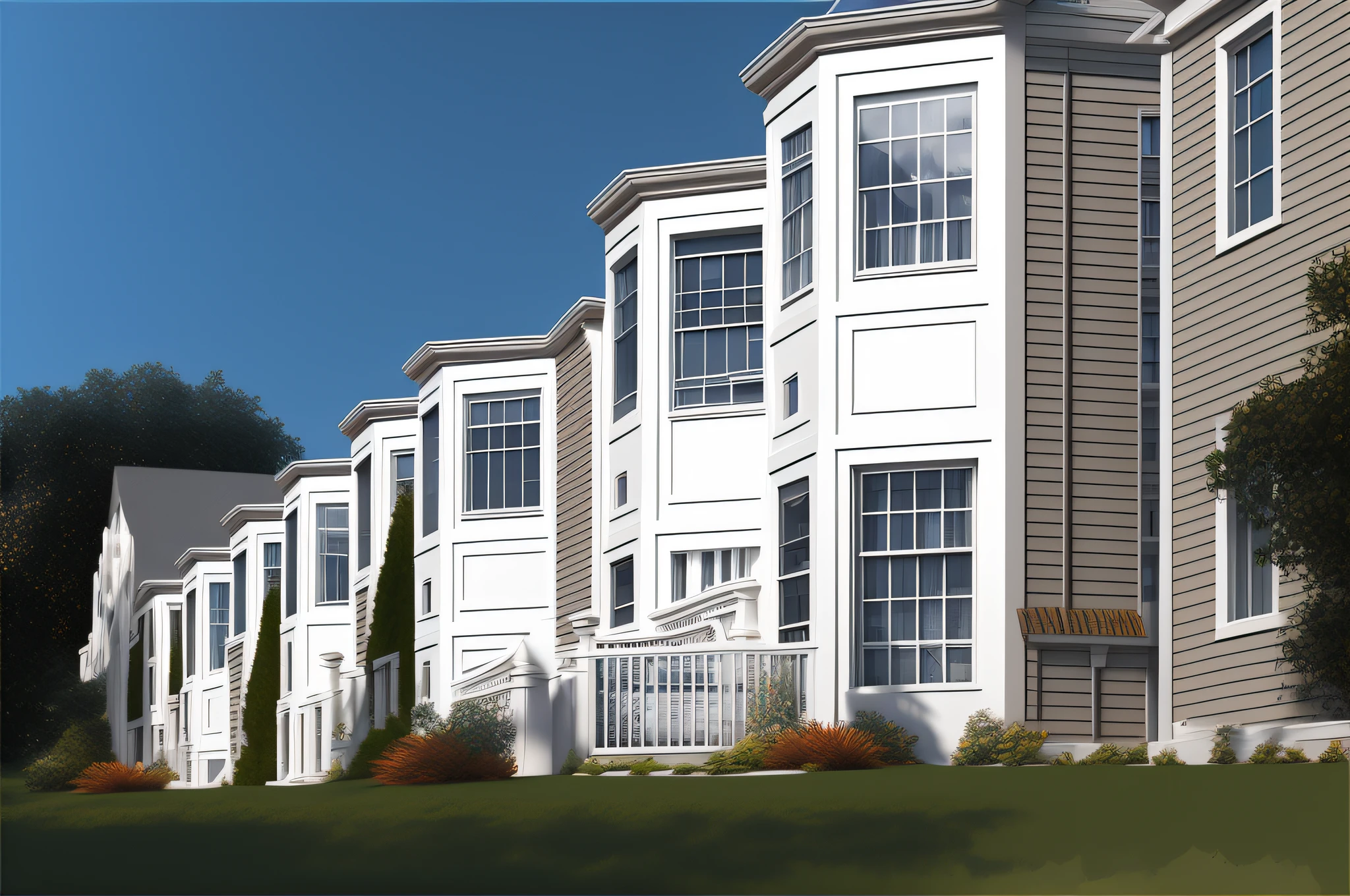 there are many white windows on the side of a building, digitally painted, residential, in style of ultra realistic, architectural rendering, stylized digital illustration, realistic painting of a complex, realistic style, precise architectural rendering, photo realistic style, digital rendering, high quality rendering, photorealistic style, a photorealistic rendering, realistic rendering, a digital rendering, architectural painting