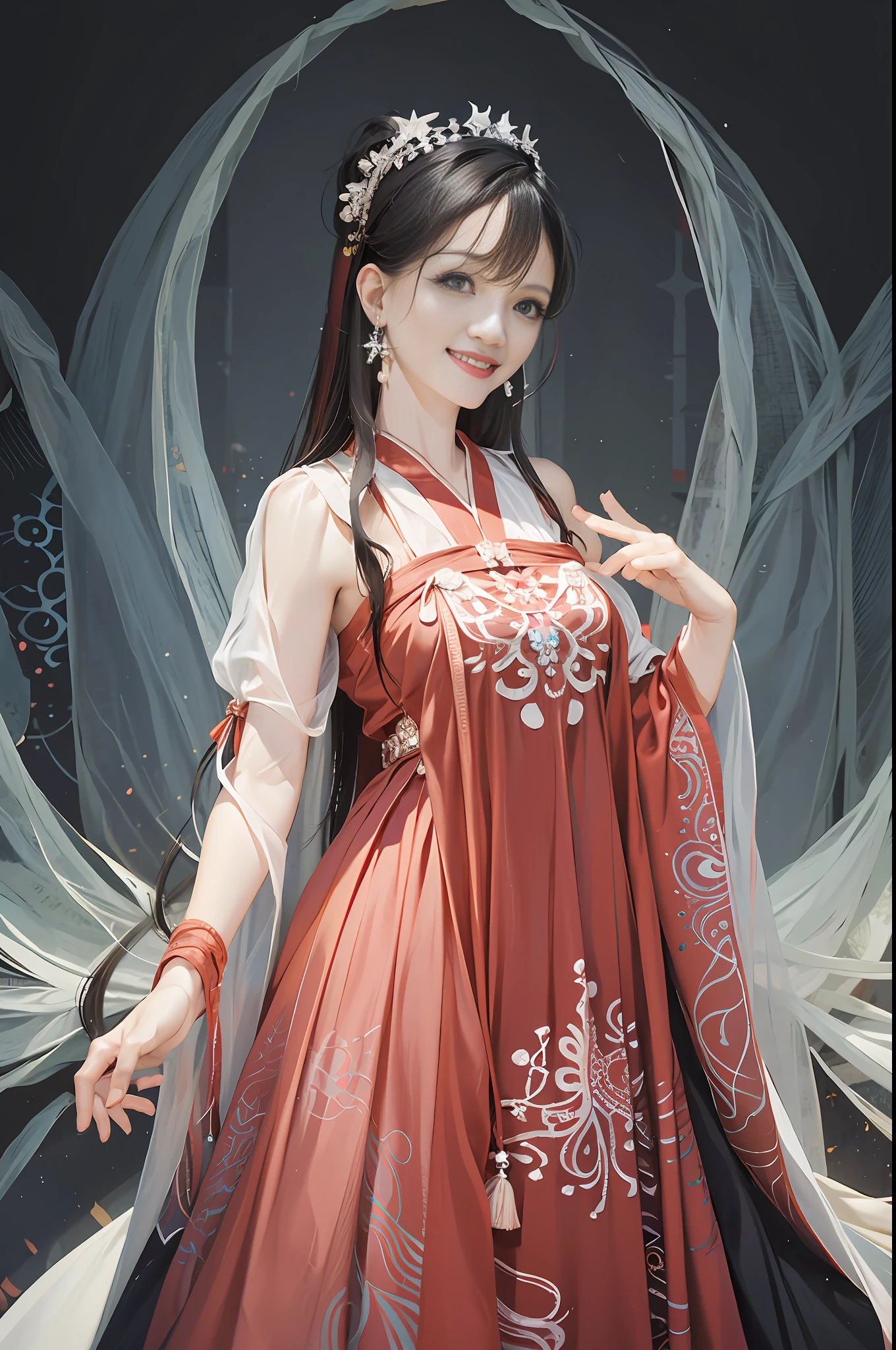 (masterpiece, top quality, best quality, official art, beautiful and aesthetic:1.2),tifa,eyeliner,mascara,Black_eyes,Black_hair,long hair,lipstick,hanfu, tang style outfits, 1girl, pink upper shan, red chest pleated skirt, green with pink waistband, red pibo,extreme detailed,(fractal art:1.3),colorful,highest detailed,cowboy shot,jewelry,energetic movement,facing viewer,