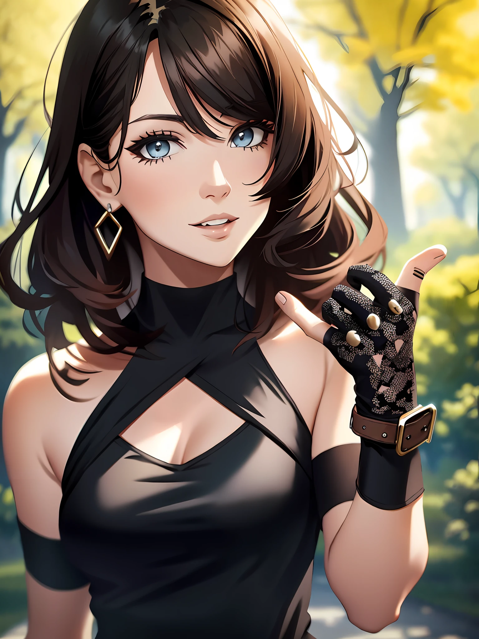 sfw, brunette woman with a sleevless black top with a hardrock print, goth girl, people in the background, tree, park, masterpiece, 8k