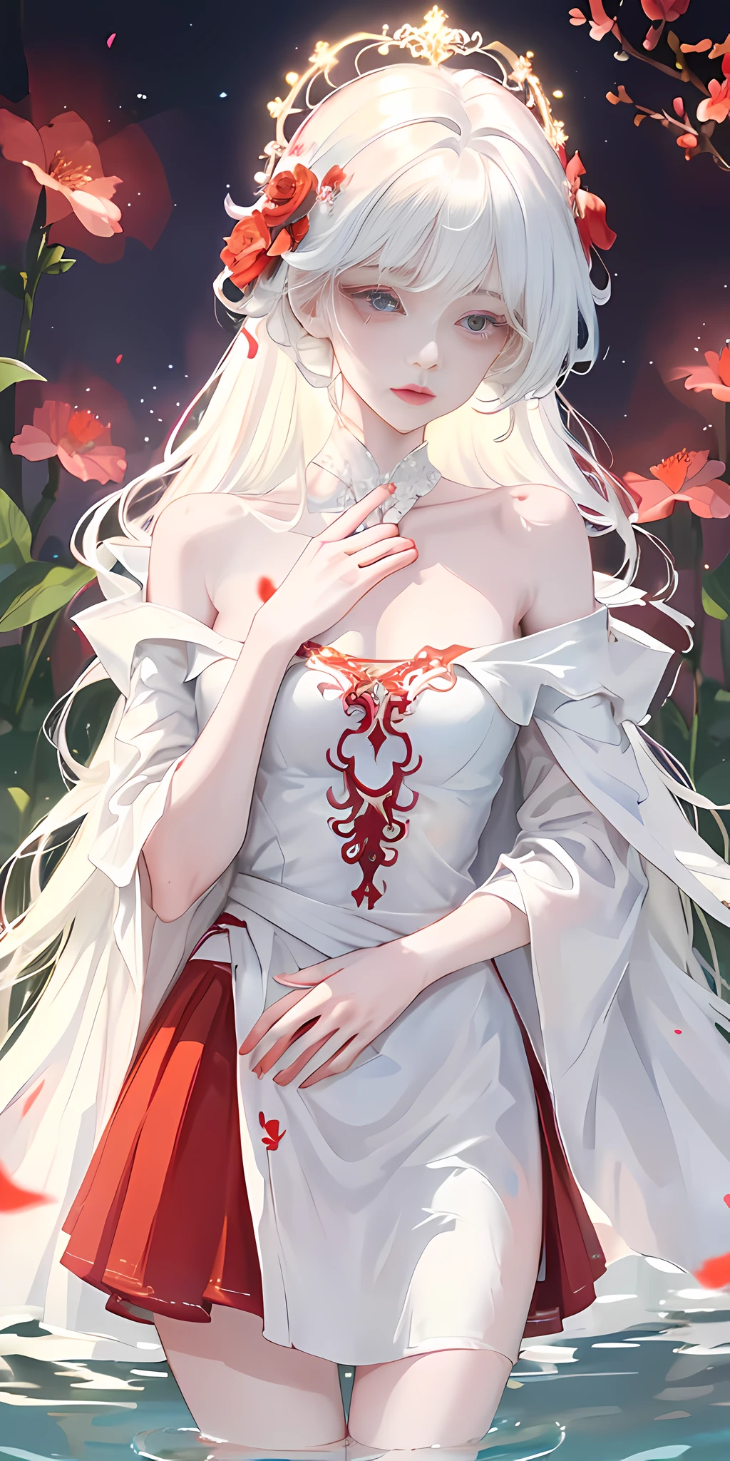 Close-up, (beautiful girl), garlic, flower, (beautiful girl), delicate facial features, detailed portrayal of the corners of the eyes, bust photo, moist lips, sad eyes, long white hair, smooth and delicate skin, ((red clothes)), red long skirt, open thighs, brilliant and colorful, fantasy art, mysticism, dream scenes, dreams, dream lights, temptation, psychedelic, misty halo, (((night))), ((night)), river bank, full of flowers on the other side, dreamy, flying red tiny petals, Red fluorescent petals, fluorescent flowers, fluorescent flowing water, standing in water, shallow water, master works, extreme detail, dissection correctly, correct limbs, accurate, hud, HD, exquisite details, 8K, red light