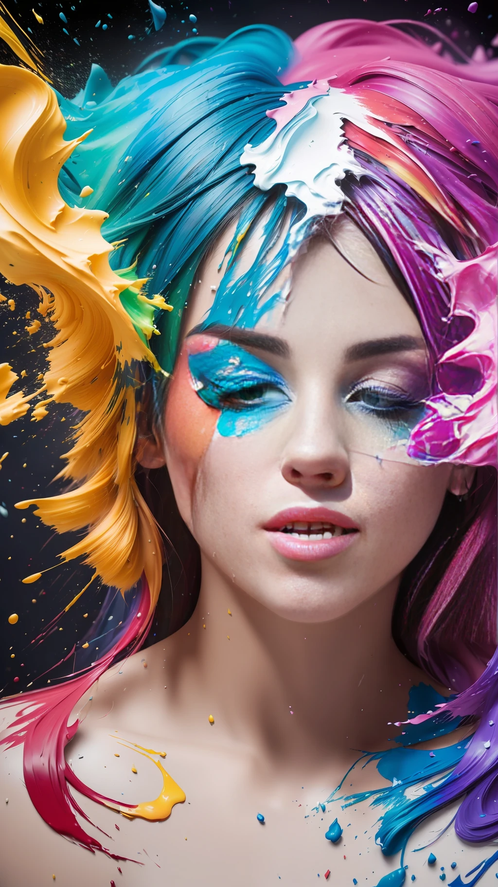 (level difference:1.8),(Paint colliding and splashing on the canvas),(depth of field),1girl's side face blends into it,((side face)),open mouth,(liquid paint rainbow hair:1.1) made of paint and defies gravity,thick flowing,(paint splatter:1.3),Liquid state,stunningly beautiful, masterpiece, detailed background,ultra high quality model, ethereal background,abstract beauty, explosive volumetric, oil painting,heavy strokes,Romantic lighting,Sub-Surface Scatterring,lens 135mm,f1.8,glow,8k,high resolution, dreamy,ray tracing,hdr,god rays,