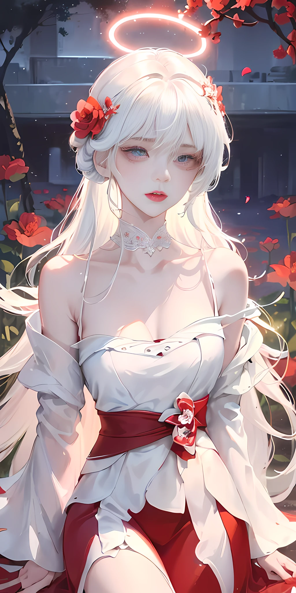 Close-up, (beautiful girl), garlic, flower, (beautiful girl), delicate facial features, detailed portrayal of the corners of the eyes, bust photo, moist lips, sad eyes, long white hair, smooth and delicate skin, ((red clothes)), red long skirt, open thighs, brilliant and colorful, fantasy art, mysticism, dream scenes, dreams, dream lights, temptation, psychedelic, misty halo, (((night))), ((night)), river bank, full of flowers on the other side, dreamy, flying red tiny petals, Red fluorescent petals, fluorescent flowers, fluorescent flowing water, standing in water, shallow water, master works, extreme detail, dissection correctly, correct limbs, accurate, hud, HD, exquisite details, 8K, red light