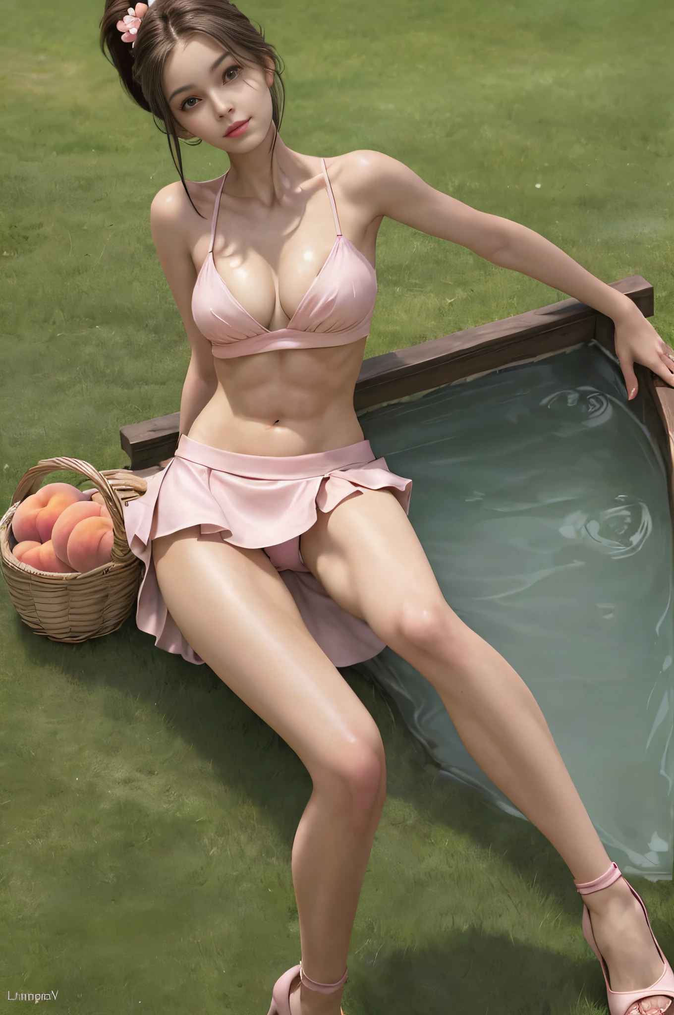 Masterpiece, best quality, cloudy, super skinny, on the grass, hot spring, spread, pubic tattoo on underbelly, ass_visible_through_thighs, brunette hair, fashion trend beautiful and charming woman, cameltoe, gentle and cute chinese beauty, mini skirt, without bra, cameltoe, fat_mons,, wakamezake, aqua eyes, stare, girl, delicate sexy collarbone, charming goose egg face, double eyelids, smart peach blossom eyes, pink lips, small upturned nose, bare shoulders, abs, deep cleavage, body lean back reality, girl, harem, student, braid ponytail, cute face, light blush, grin, basket eyes, room, bouncing breasts, dress, high heels, stretch, spread legs, lie down,